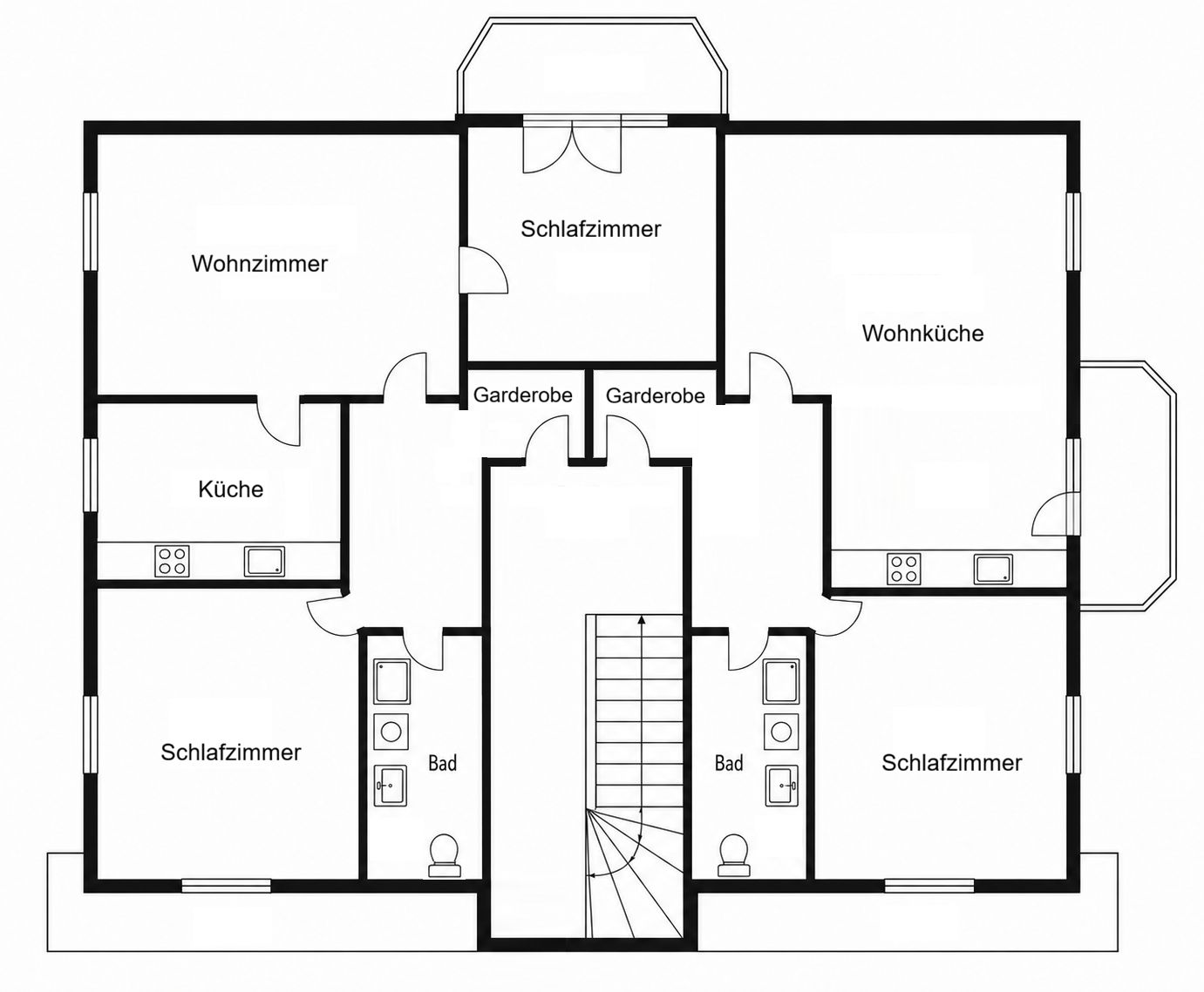 Grundriss zeigt Zimmeraufteilung mit Wohnzimmer, Wohnküche, Schlafzimmern, Küche, Bädern und Treppenhaus.