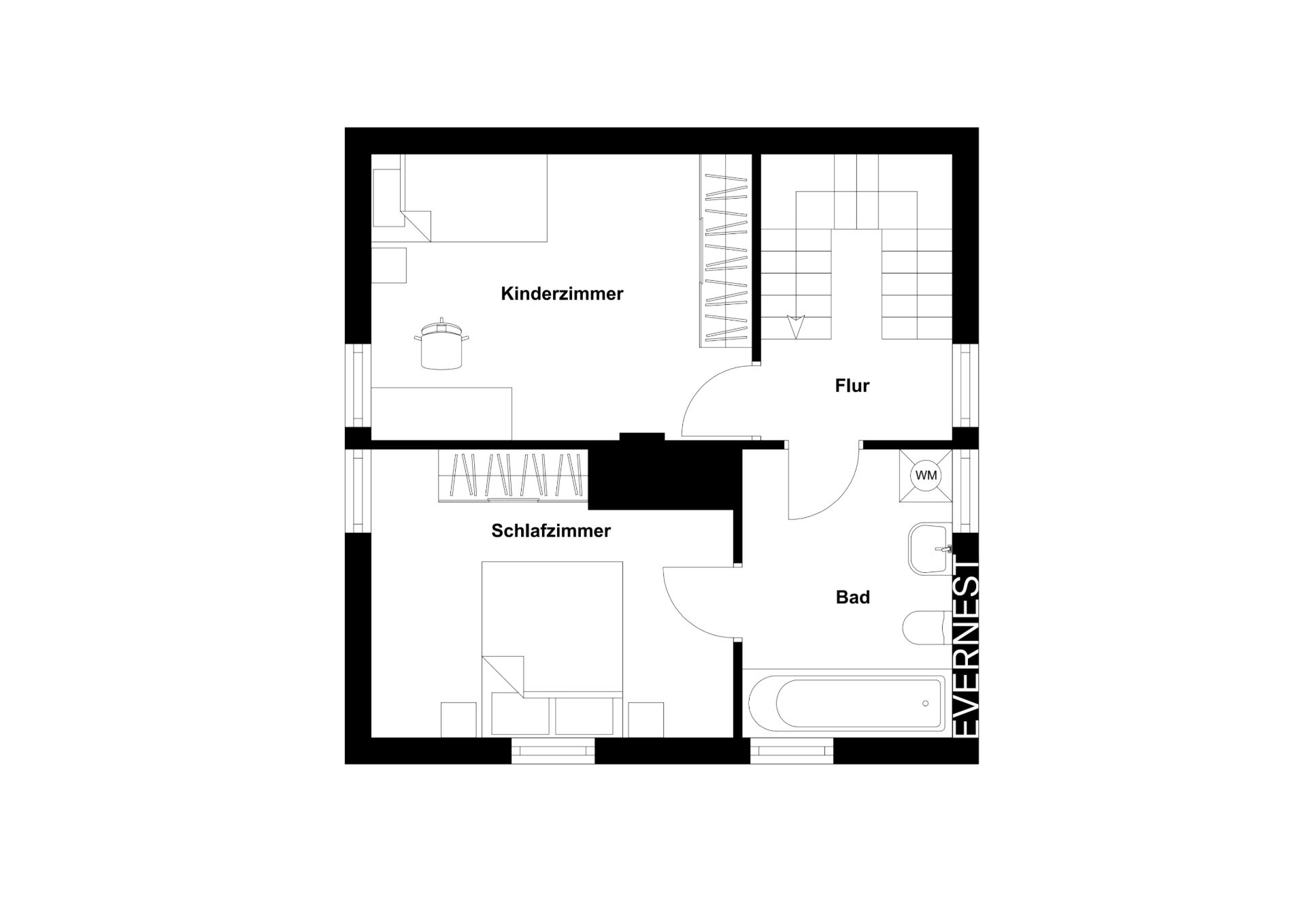 Grundriss mit Kinderzimmer, Schlafzimmer, Bad und Flur.