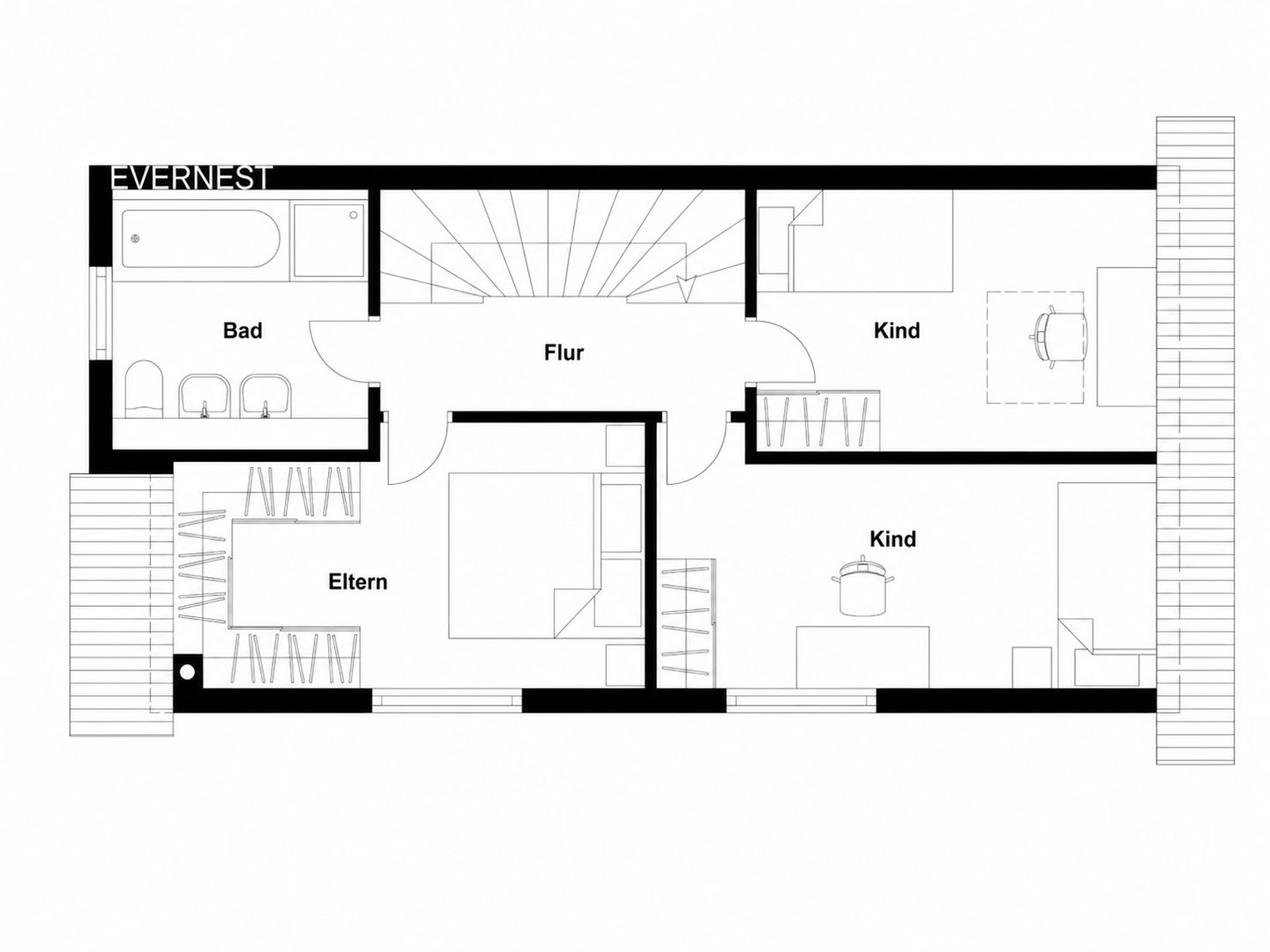 Grundriss eines Hauses mit Bad, Flur, Elternschlafzimmer und zwei Kinderzimmern.