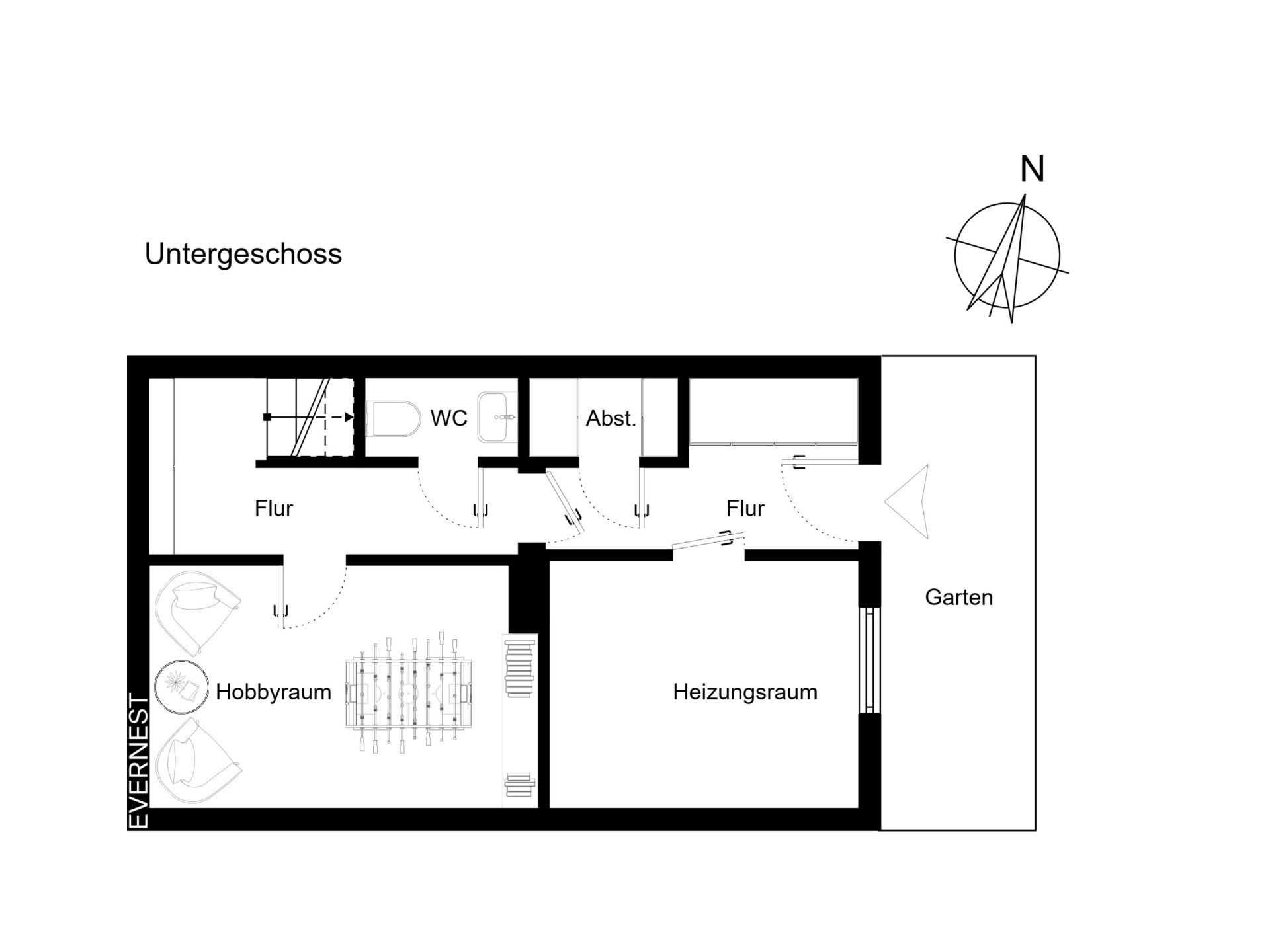 Grundriss des Untergeschosses mit Hobbyraum, Heizungsraum, WC, Abstellraum und Flur.