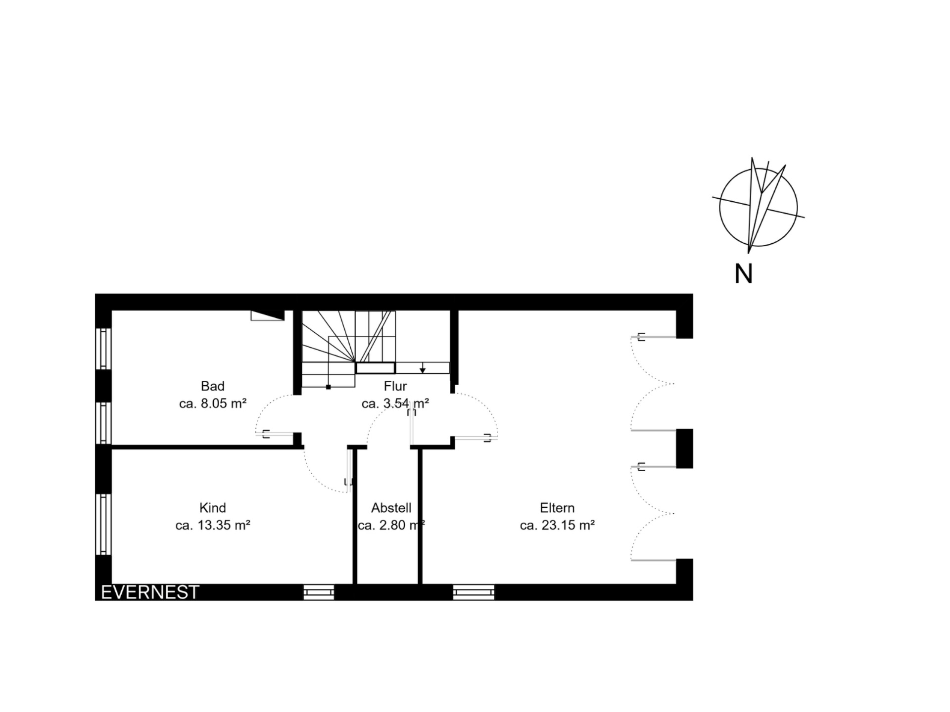 Grundriss mit Bad, Kinderzimmer, Flur, Abstellraum und Elternschlafzimmer.
