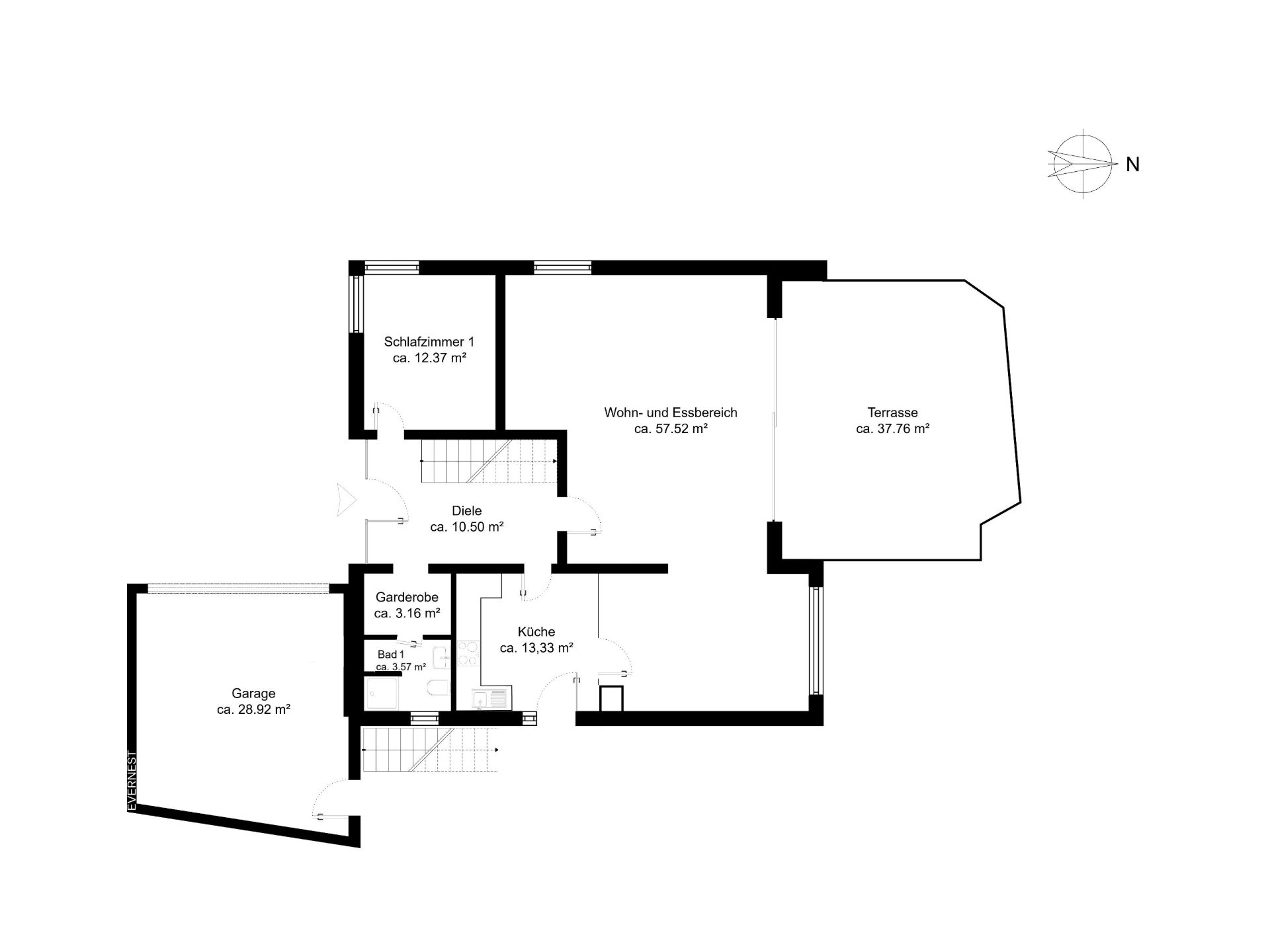 Grundriss eines Hauses mit Schlafzimmer, Wohnzimmer, Küche, Bad, Garderobe, Garage und Terrasse.