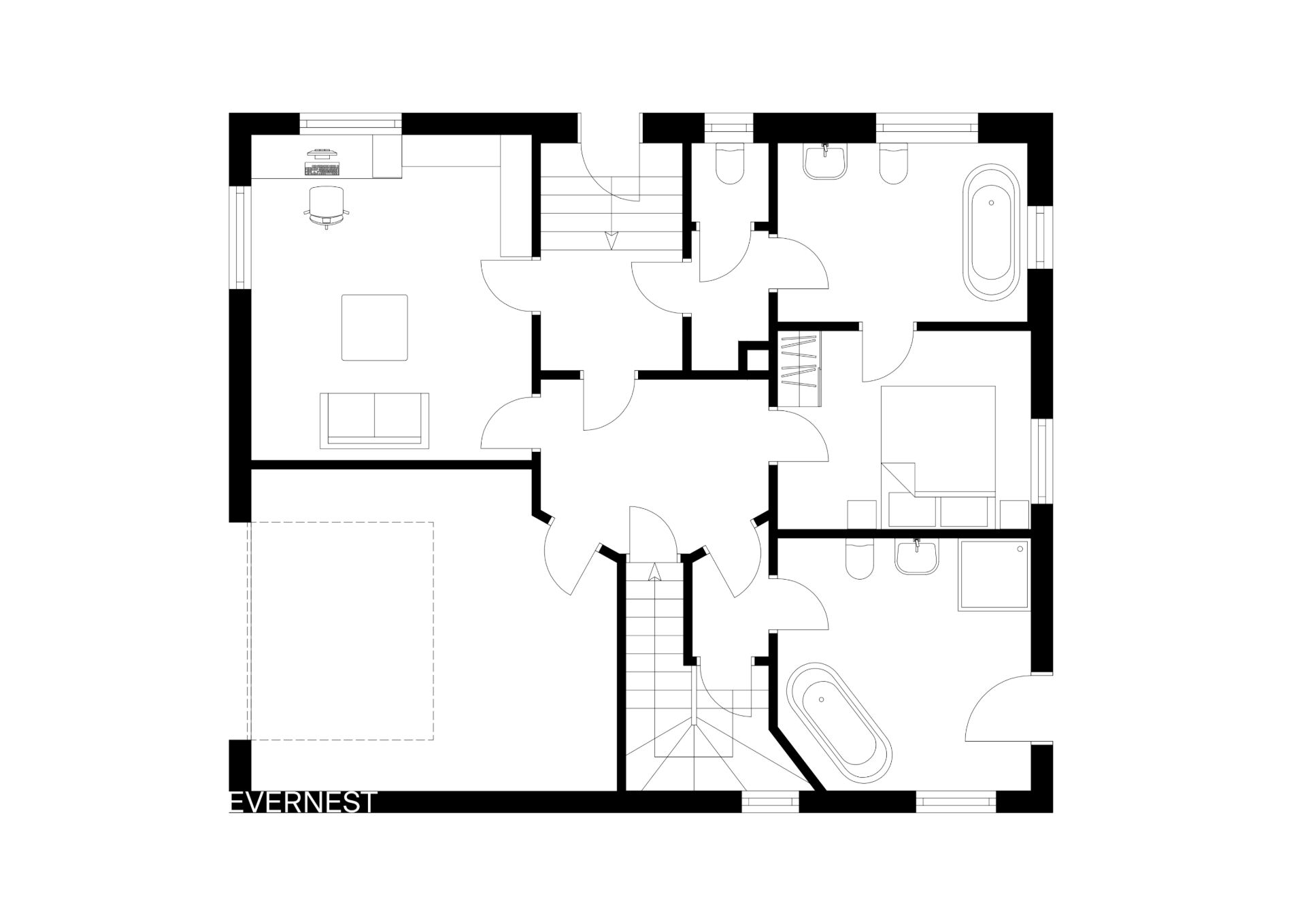 Grundriss eines Wohnhauses mit mehreren Zimmern, Bädern und Treppenaufgang.