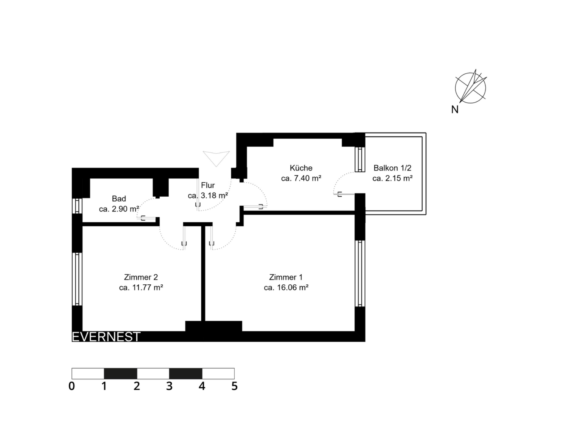 Grundriss einer Wohnung mit Küche, Bad, Flur, zwei Zimmern und Balkon.