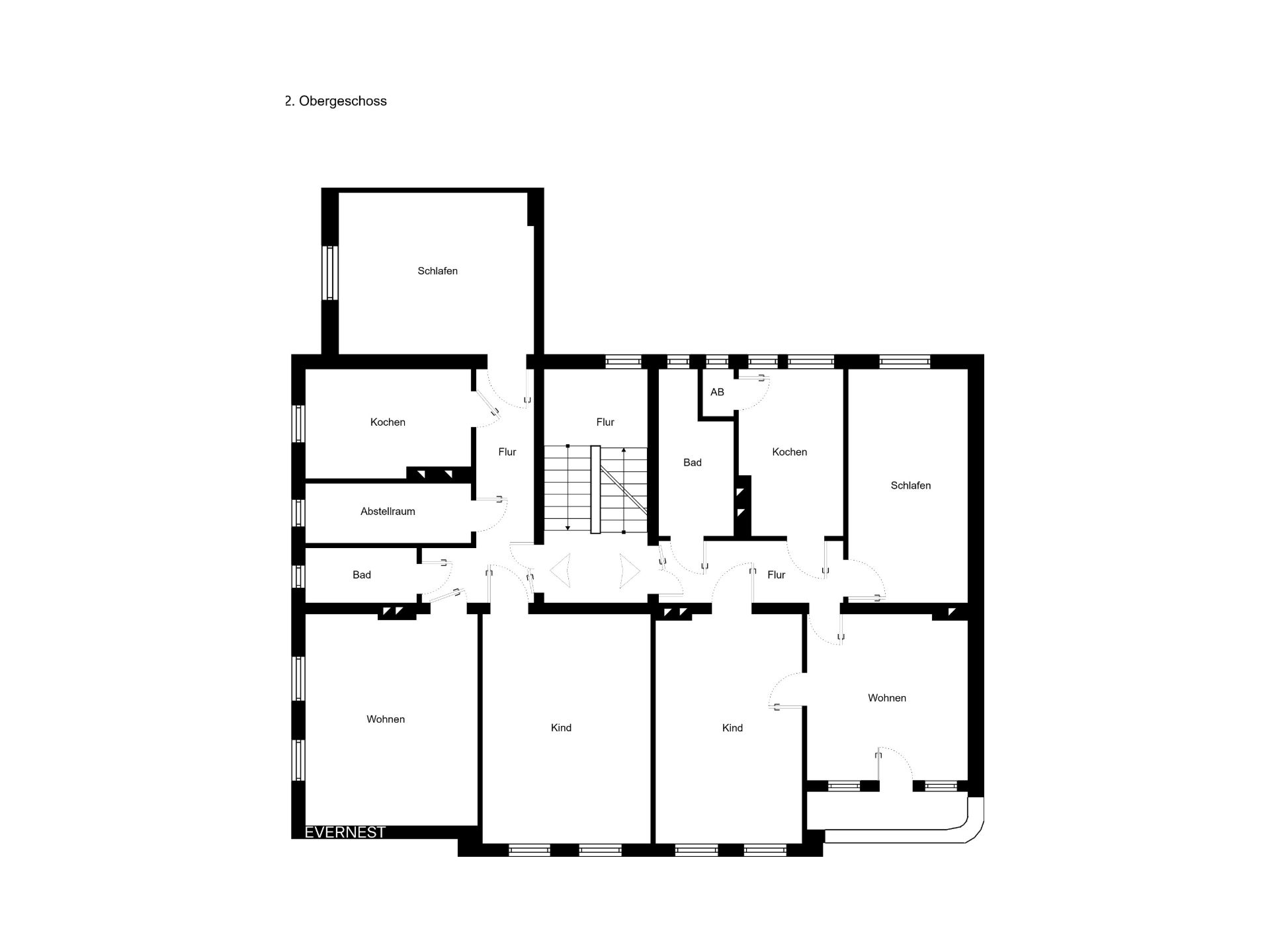 Grundriss eines Wohngebäudes mit Schlafzimmern, Wohnzimmern, Küchen und Bädern.
