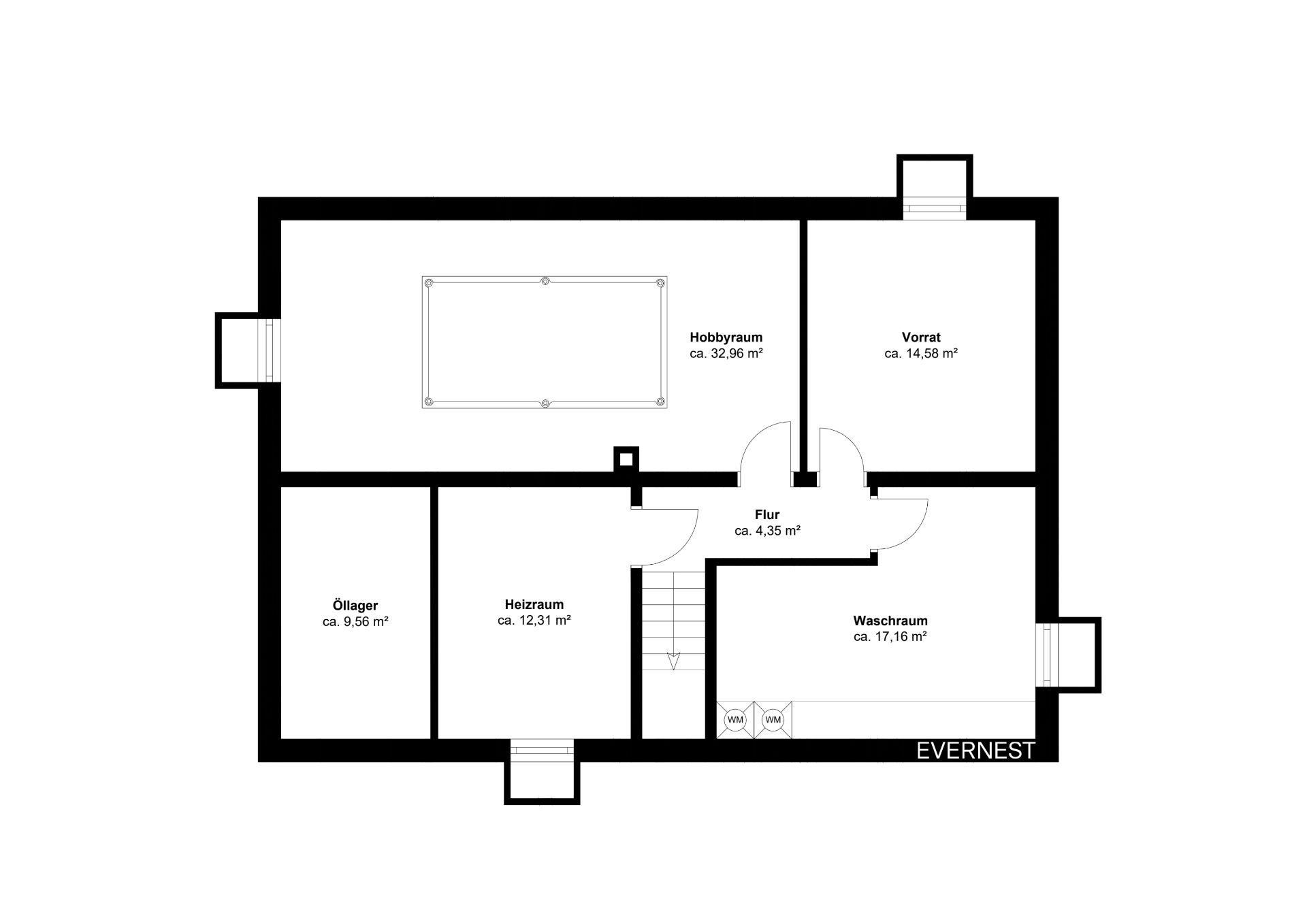 Grundriss mit Hobbyraum, Vorrat, Öllager, Heizraum, Waschküche und Flur.