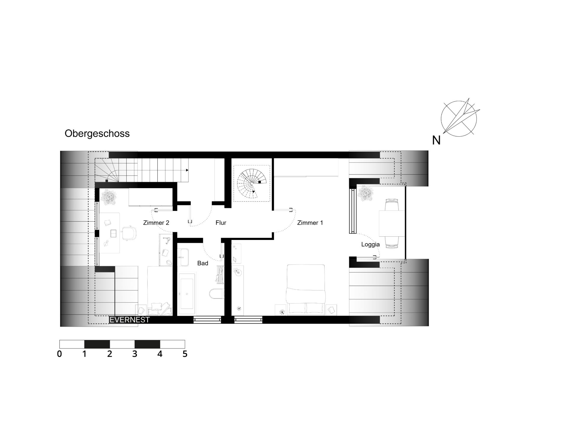 Grundriss eines Obergeschosses mit zwei Zimmern, Bad, Flur und Loggia.