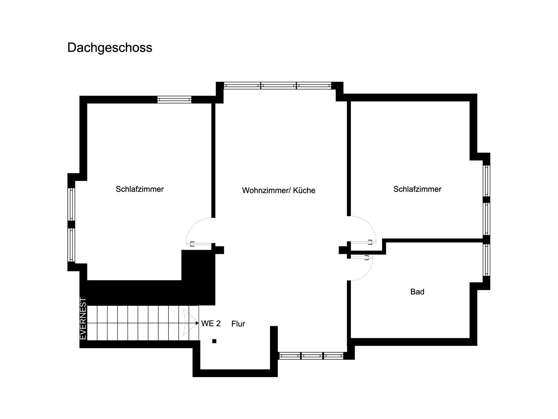 Grundriss des Dachgeschosses mit zwei Schlafzimmern, Wohnzimmer/Küche, Bad und Flur.