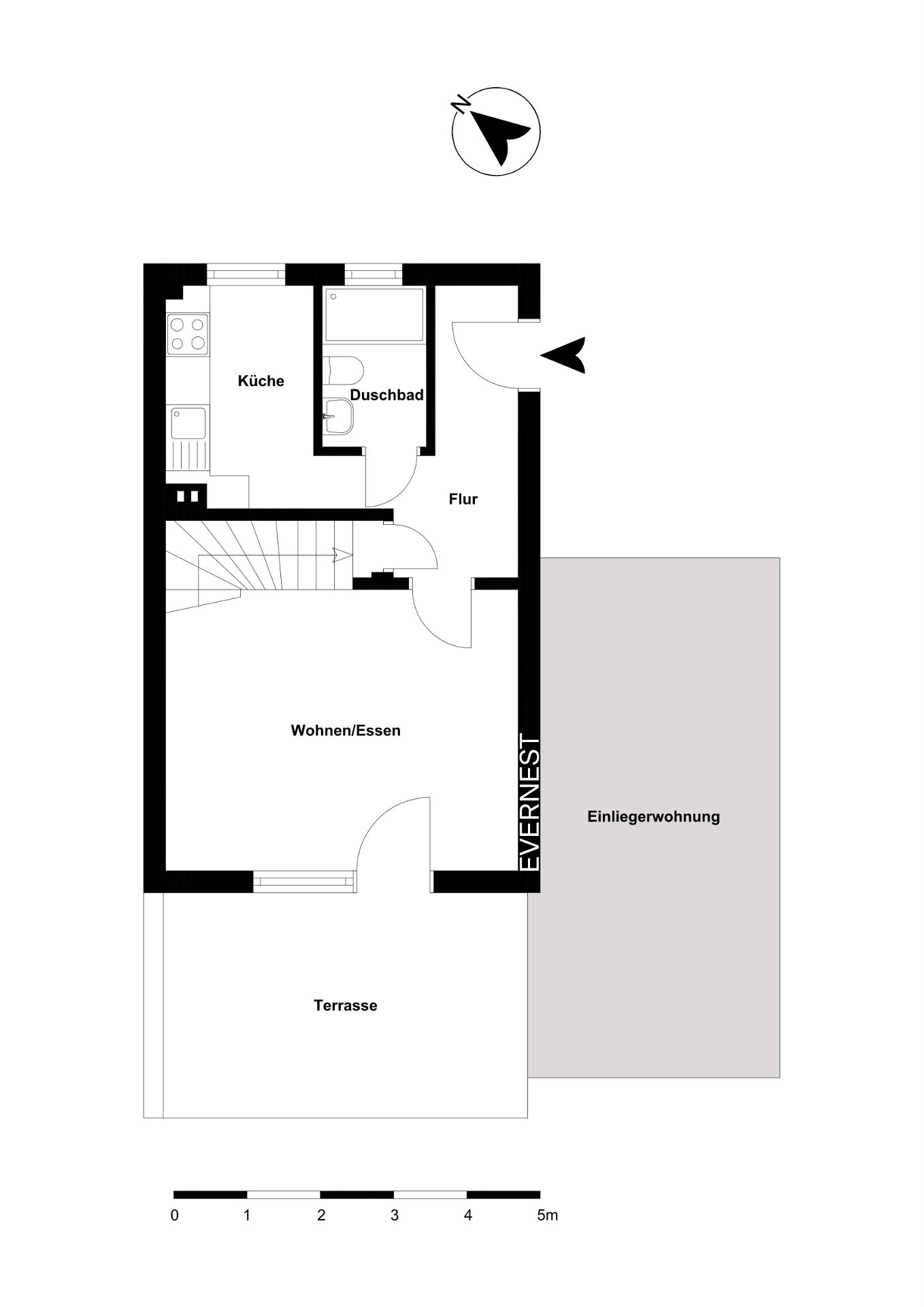 Grundriss mit Küche, Duschbad, Flur, Wohnen/Essen, Terrasse und Einliegerwohnung.