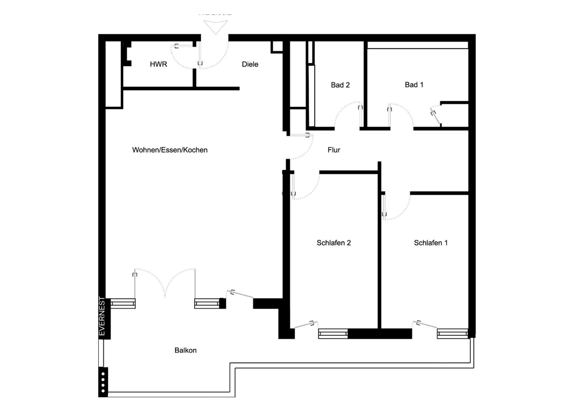Grundriss einer Wohnung mit zwei Schlafzimmern, zwei Bädern, Balkon und offenem Wohnbereich.