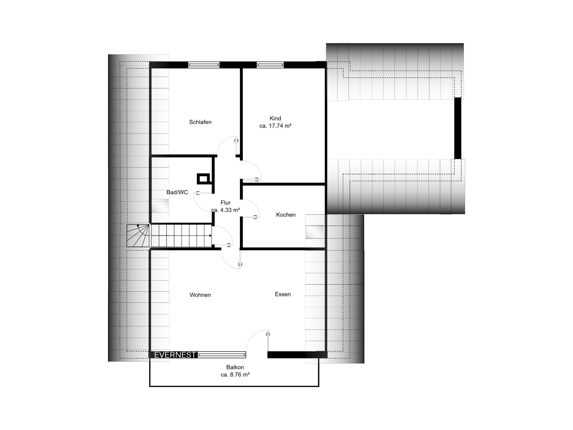 Grundriss einer Wohnung mit Schlaf-, Kinderzimmer, Bad, Küche, Wohn- und Esszimmer sowie Balkon.