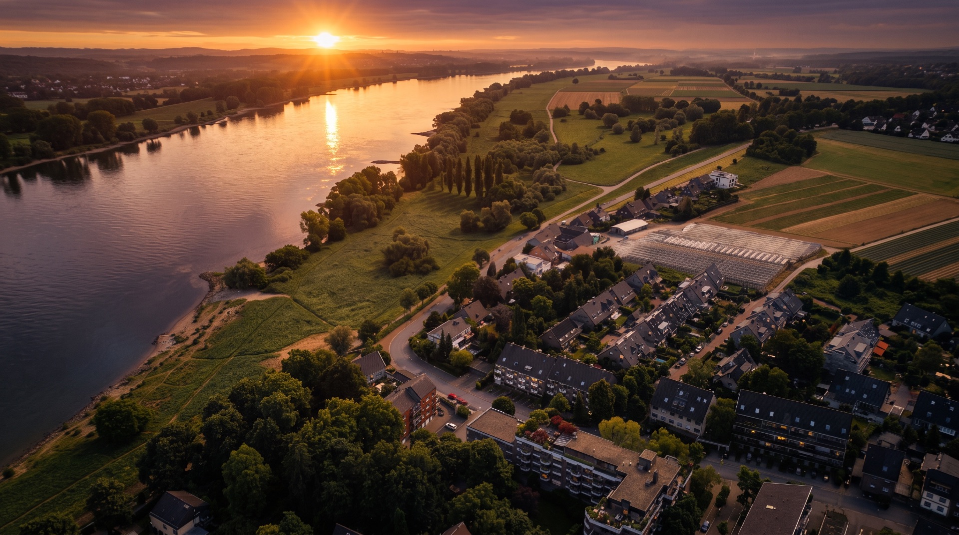 Luftaufnahme eines Wohngebiets am Flussufer bei Sonnenuntergang, umgeben von Feldern und Bäumen.