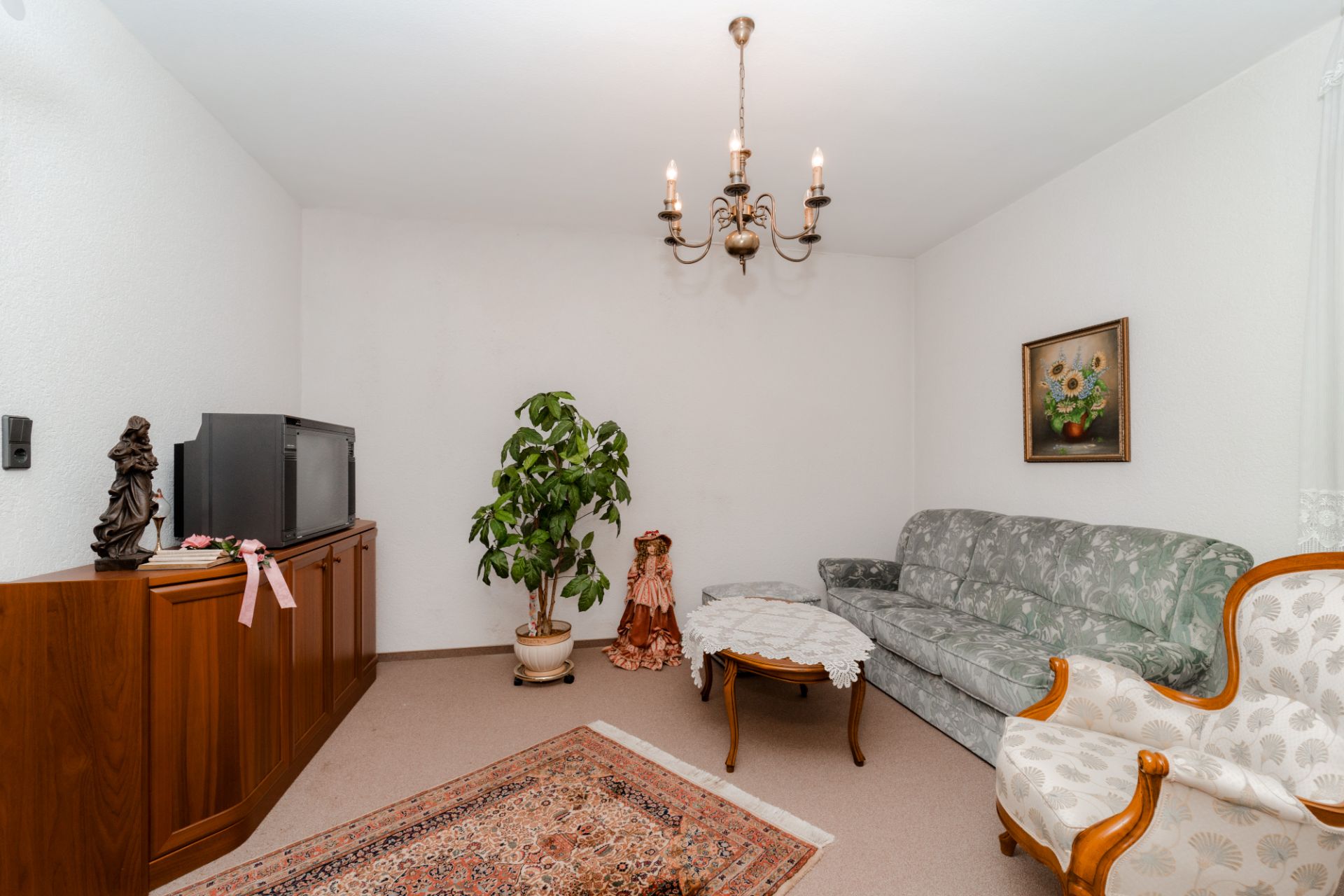 Wohnzimmer mit grünem Sofa, Sessel, Teppich, Schrank, Fernseher und Zimmerpflanze.