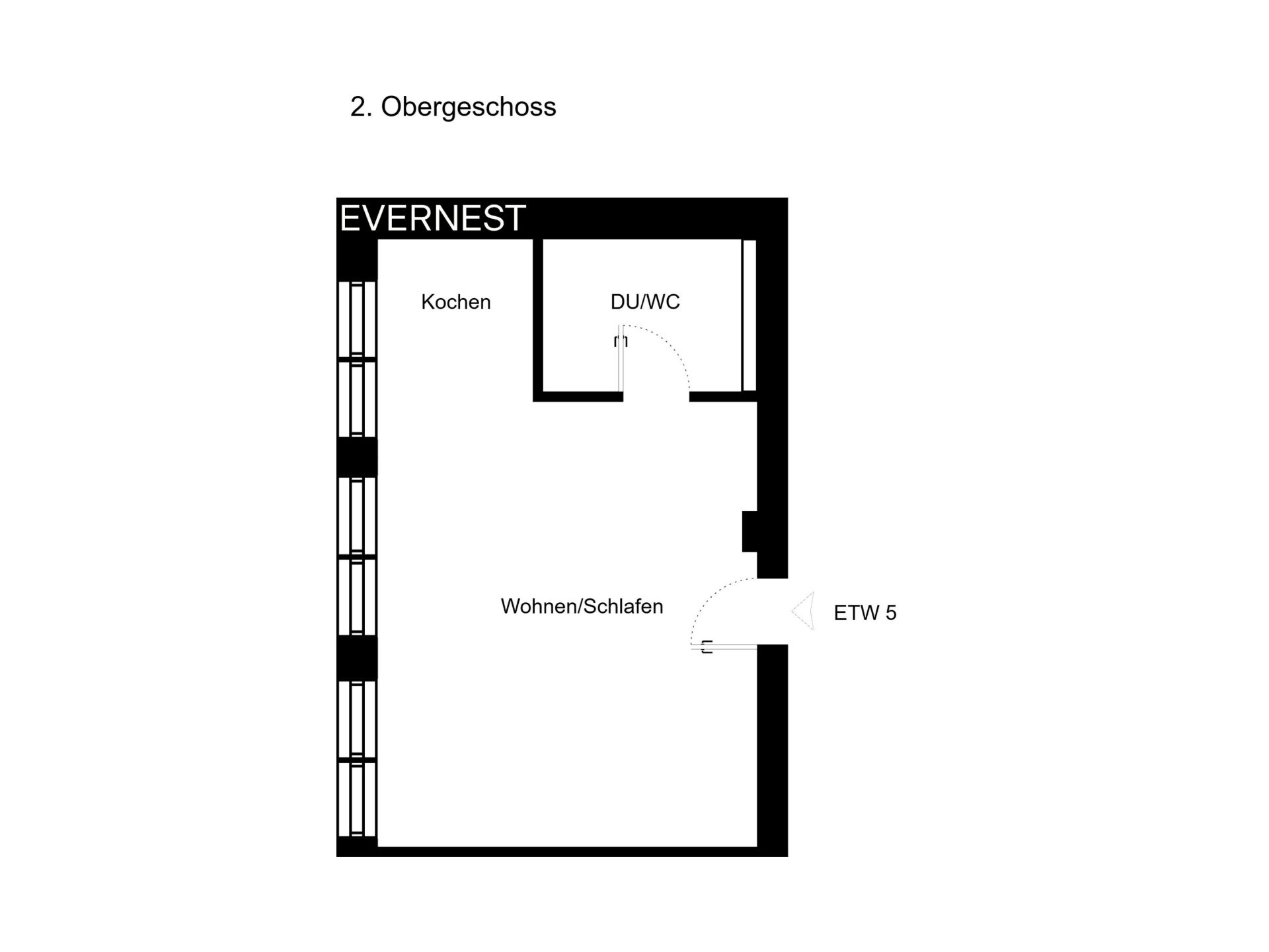 Grundriss einer Wohnung mit Küche, Wohn-/Schlafbereich und Bad im zweiten Obergeschoss.