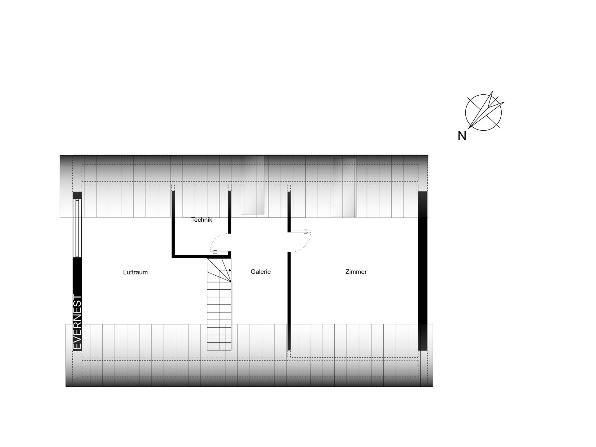 Grundriss mit Galerie, Zimmer, Technikraum, Luftraum und Treppe, Nordpfeil rechts oben.