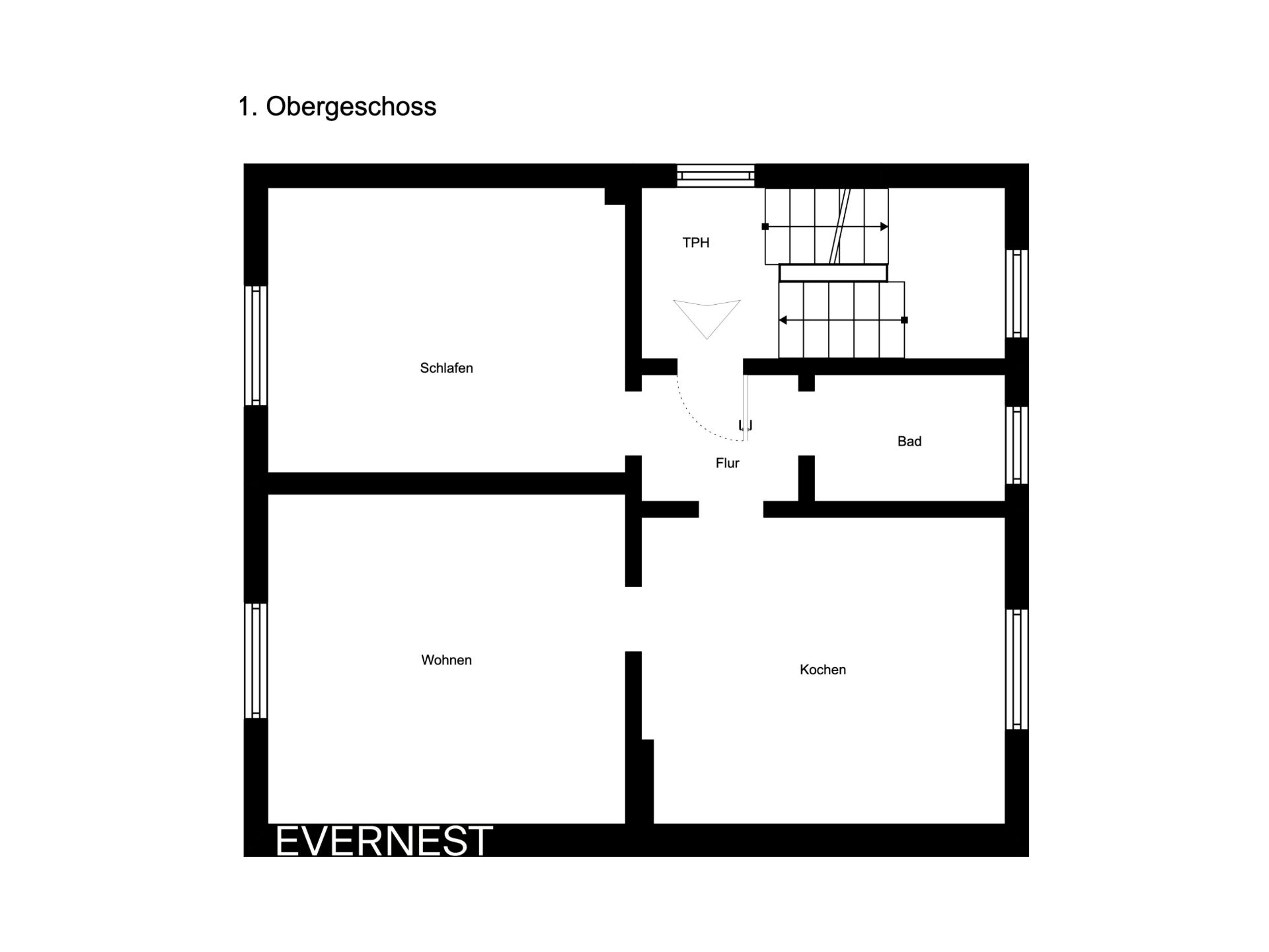 Grundriss des ersten Obergeschosses mit Schlaf-, Wohn-, Küchen- und Badbereich.