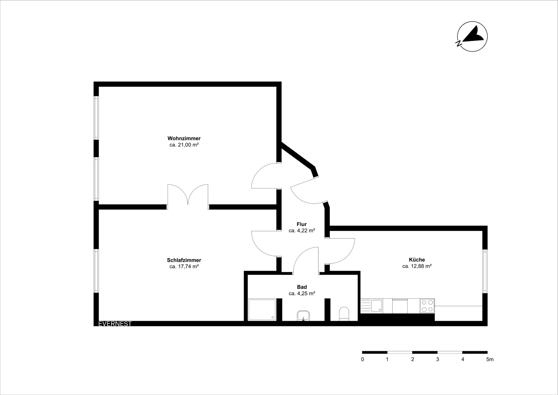 Grundriss einer Wohnung mit Wohnzimmer, Schlafzimmer, Küche, Bad und Flur.