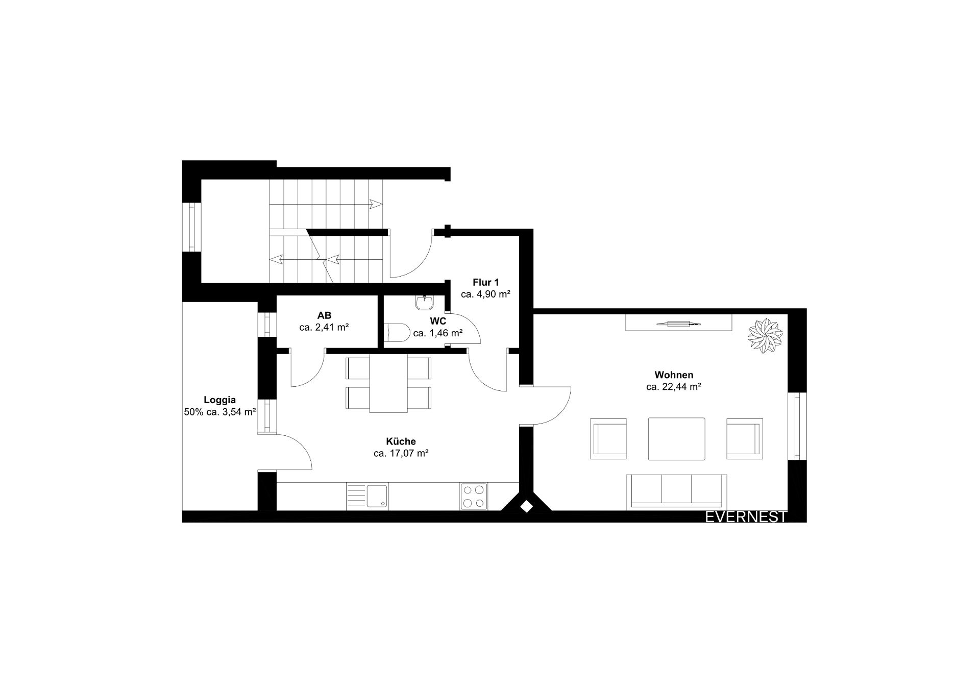 Grundriss einer Wohnung mit Wohnzimmer, Küche, WC, Abstellraum, Flur und Loggia.