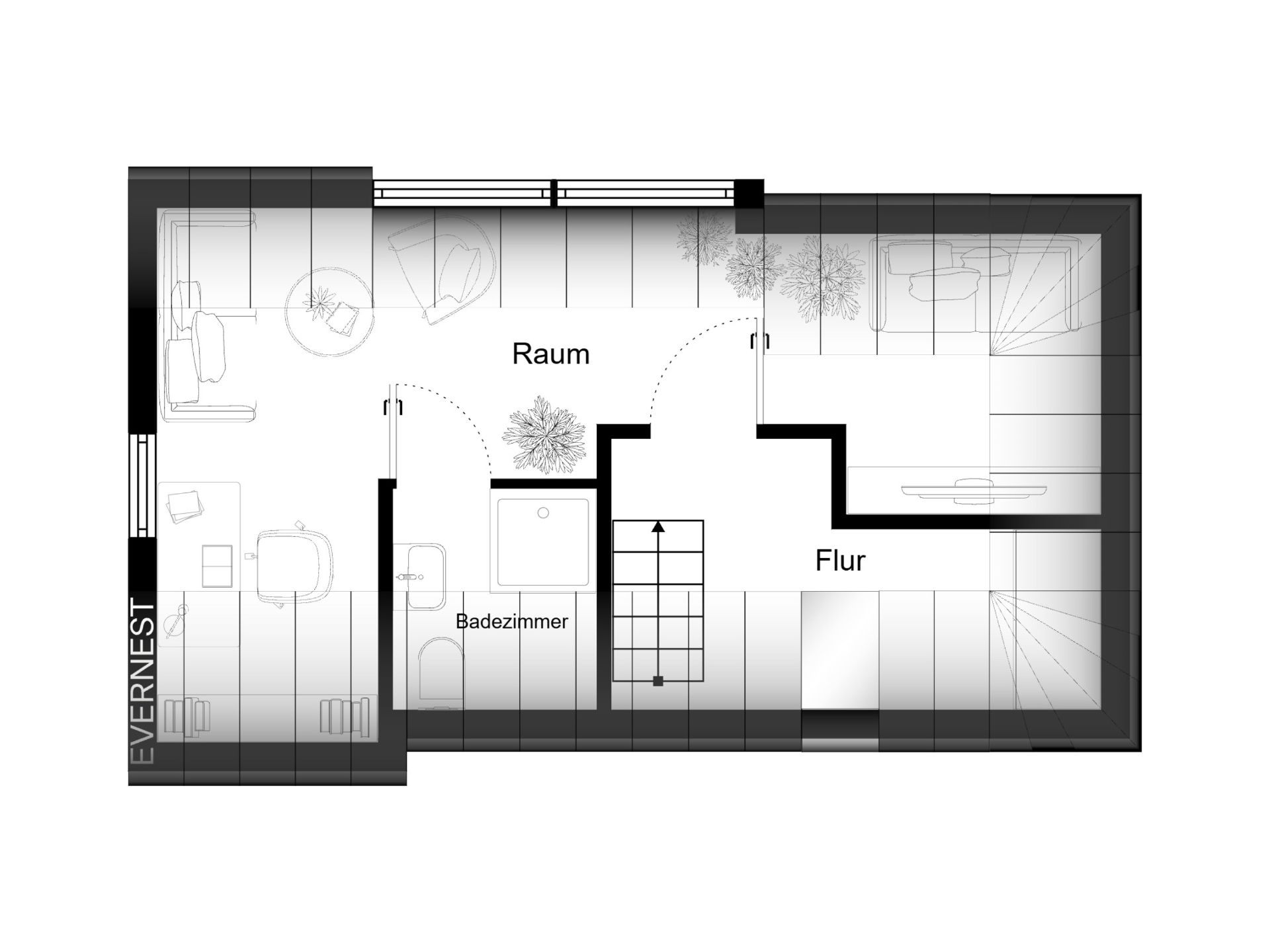 Grundriss mit Raum, Flur, Badezimmer und Treppe.