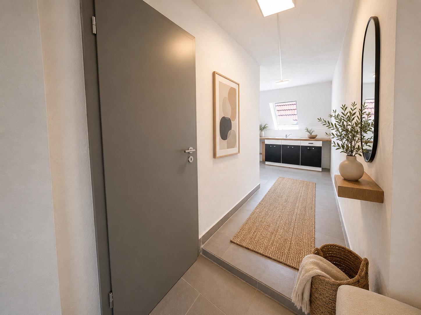 Heller Flur mit Teppichläufer, Spiegel, Pflanzen und Zugang zu einem Raum mit Fenster.