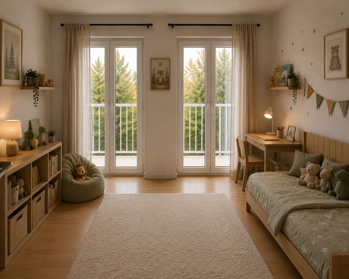 Helles Kinderzimmer mit Bett, Schreibtisch, Regal und großen Fenstern zum Balkon.
