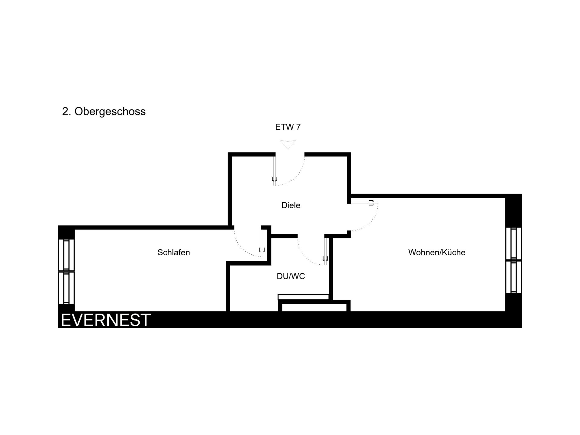 Grundriss einer Wohnung mit Schlaf-, Wohnküche, Diele und Bad im 2. Obergeschoss.