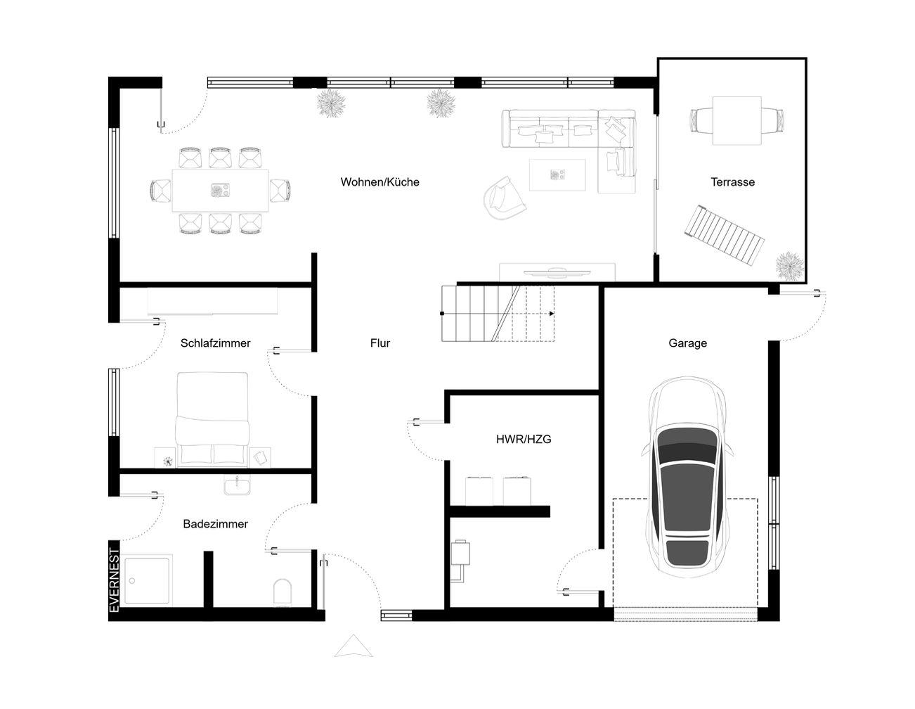 Grundriss eines Hauses mit Schlafzimmer, Bad, Wohnküche, Terrasse, Garage und Hauswirtschaftsraum.
