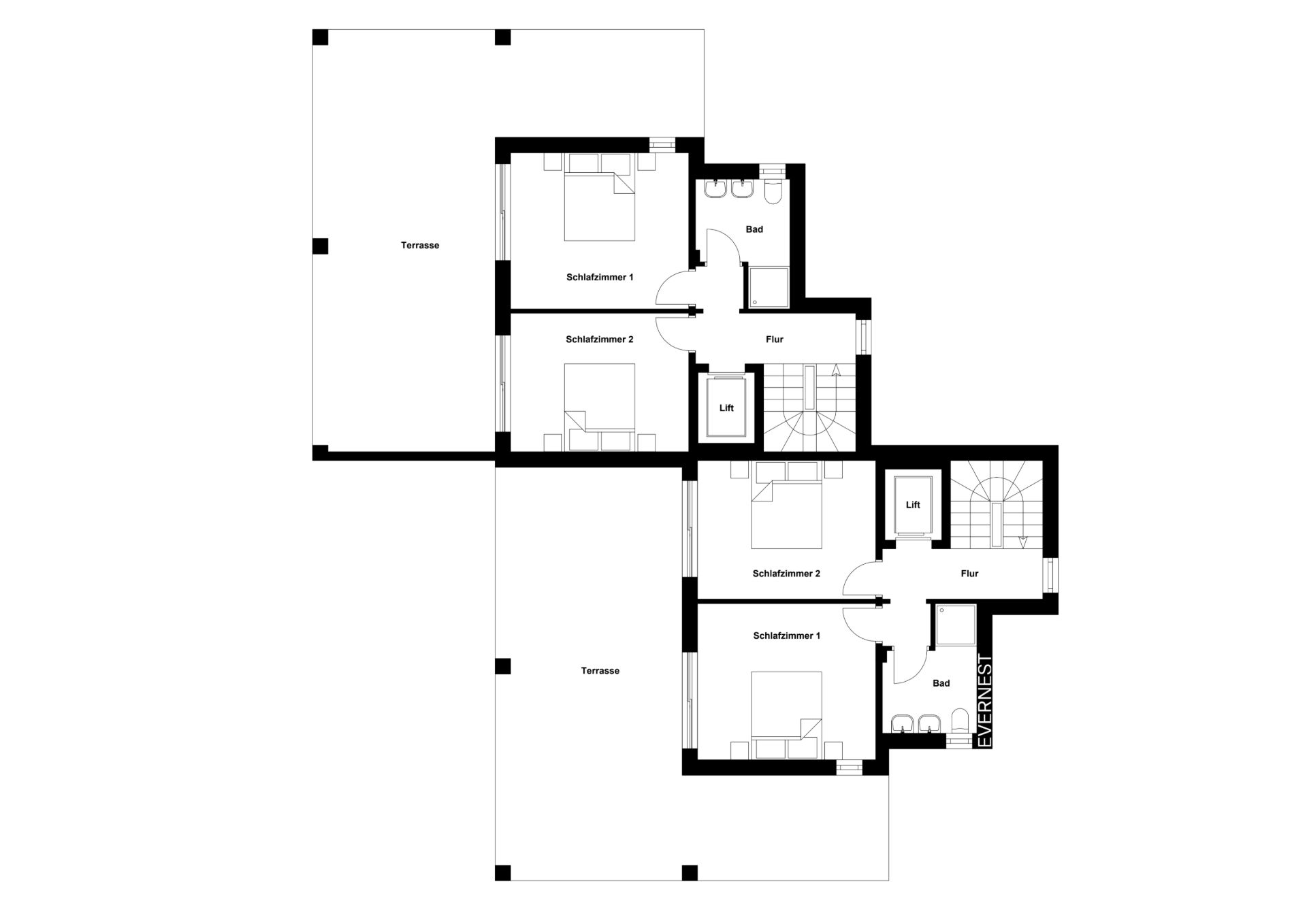 Grundriss mit vier Schlafzimmern, zwei Bädern, Fluren, zwei Terrassen und Aufzug.
