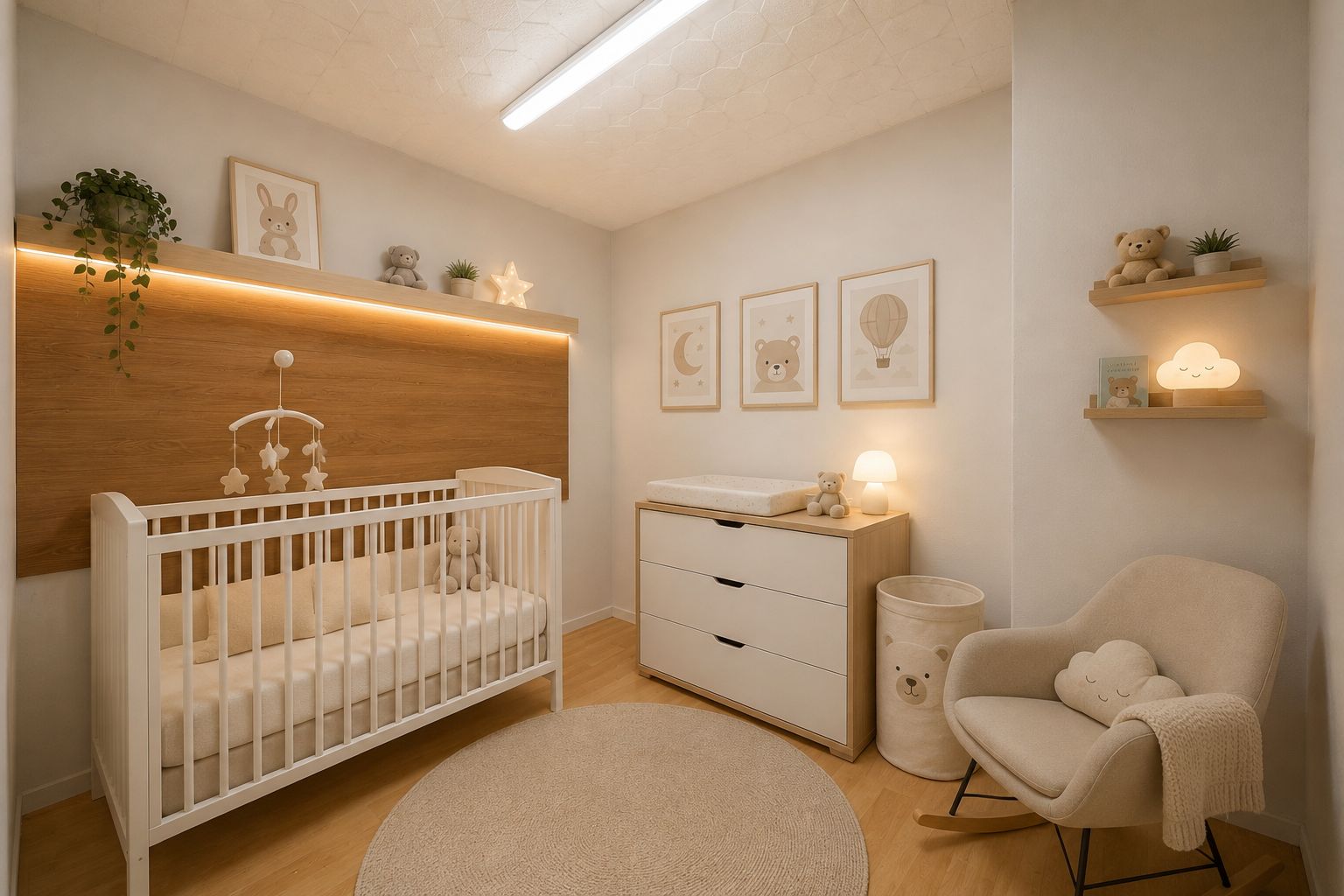 Helles, gemütliches Babyzimmer mit Gitterbett, Wickelkommode und Sessel.