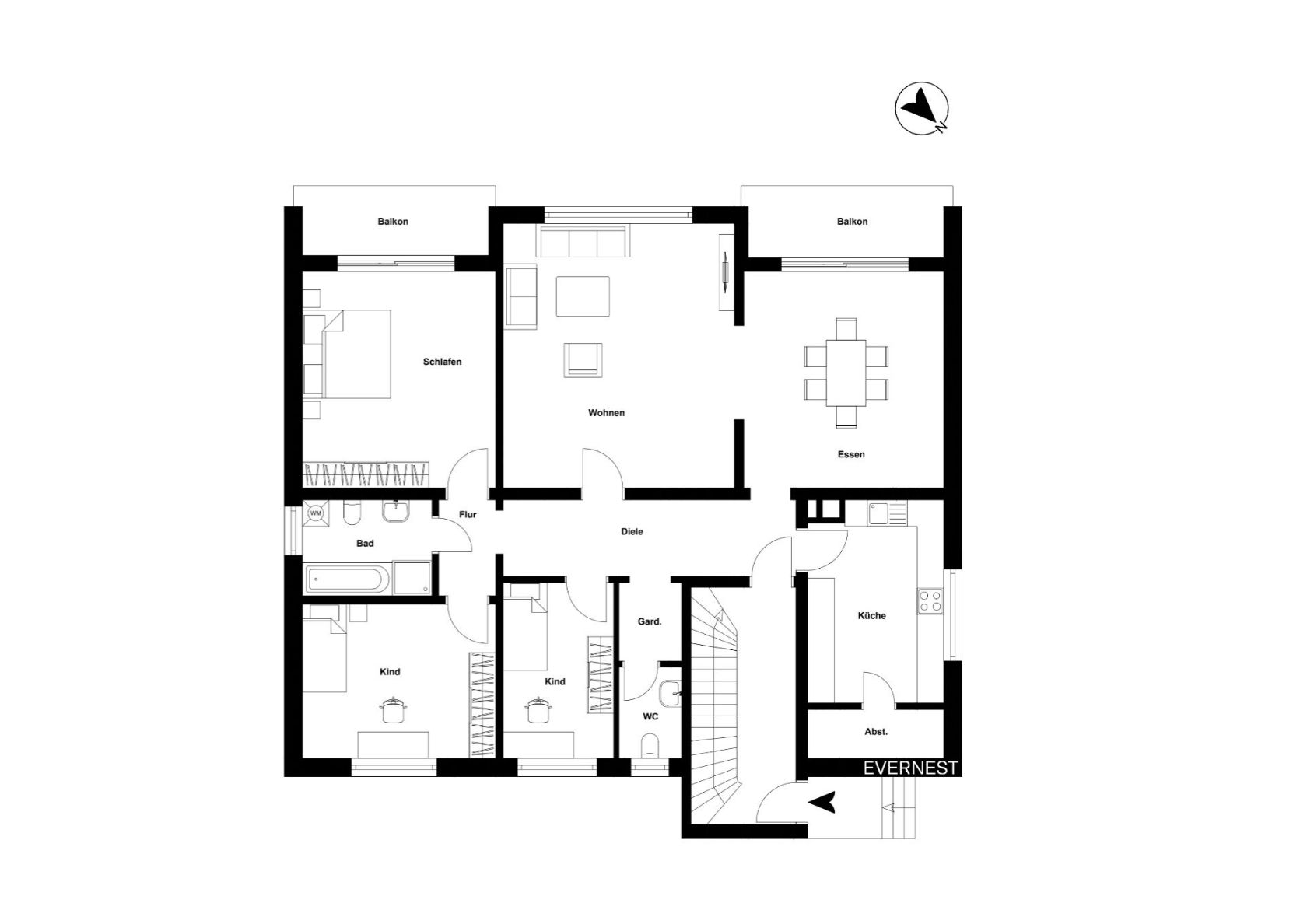 Grundriss einer Wohnung mit Wohn-, Schlaf-, Esszimmer, zwei Kinderzimmern, Küche, Bad und zwei Balkonen.
