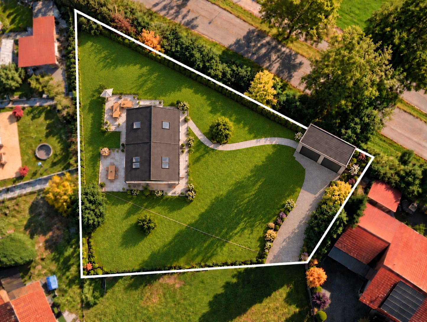 Luftaufnahme eines Hauses mit großem Garten und Zufahrt, Grundstück von einer weißen Linie umrandet.