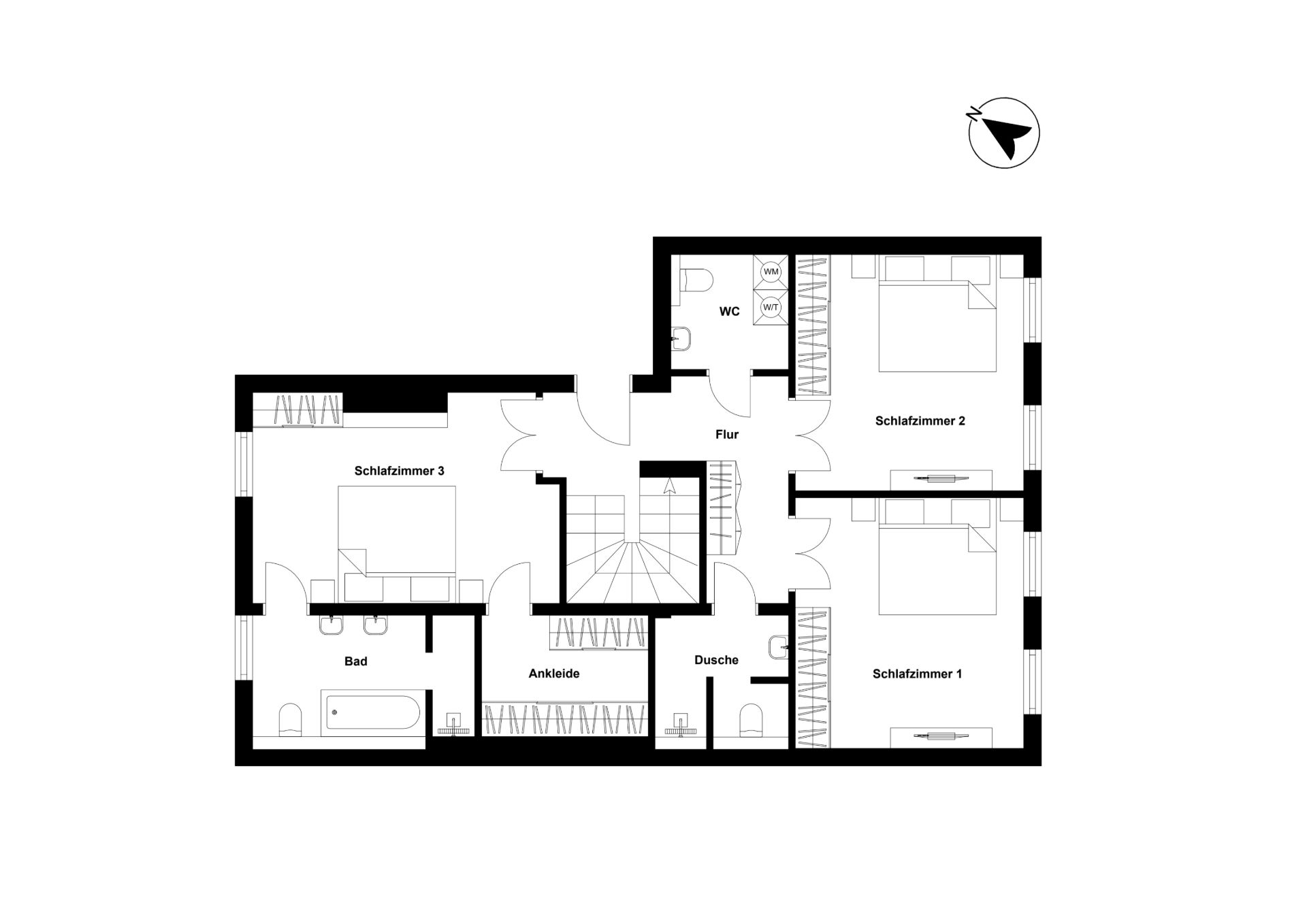 Grundriss mit drei Schlafzimmern, Bad, Dusche, WC, Ankleide und Flur.