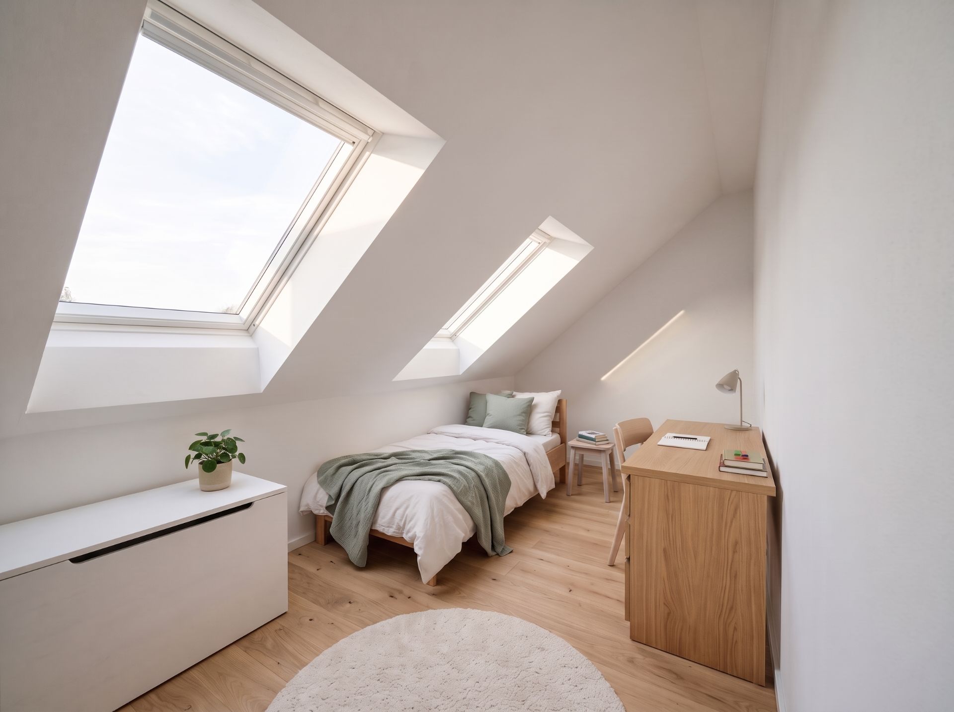 Helles Schlafzimmer mit Dachfenstern, Einzelbett, Schreibtisch und Holzfußboden.