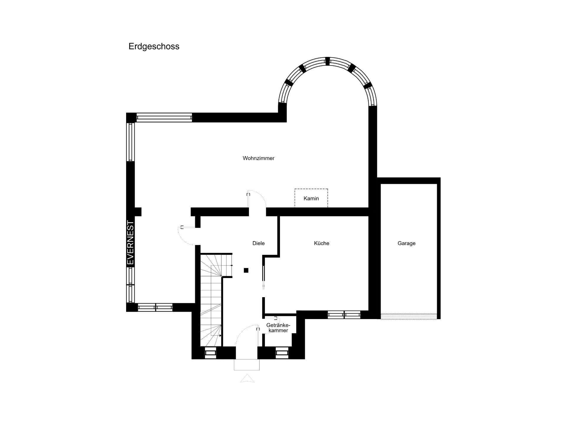 Grundriss des Erdgeschosses mit Wohnzimmer, Küche, Diele, Garage und Getränkekammer.