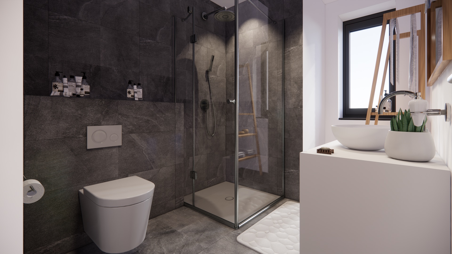 Modernes Badezimmer mit Dusche, Toilette, Waschbecken und Fenster.