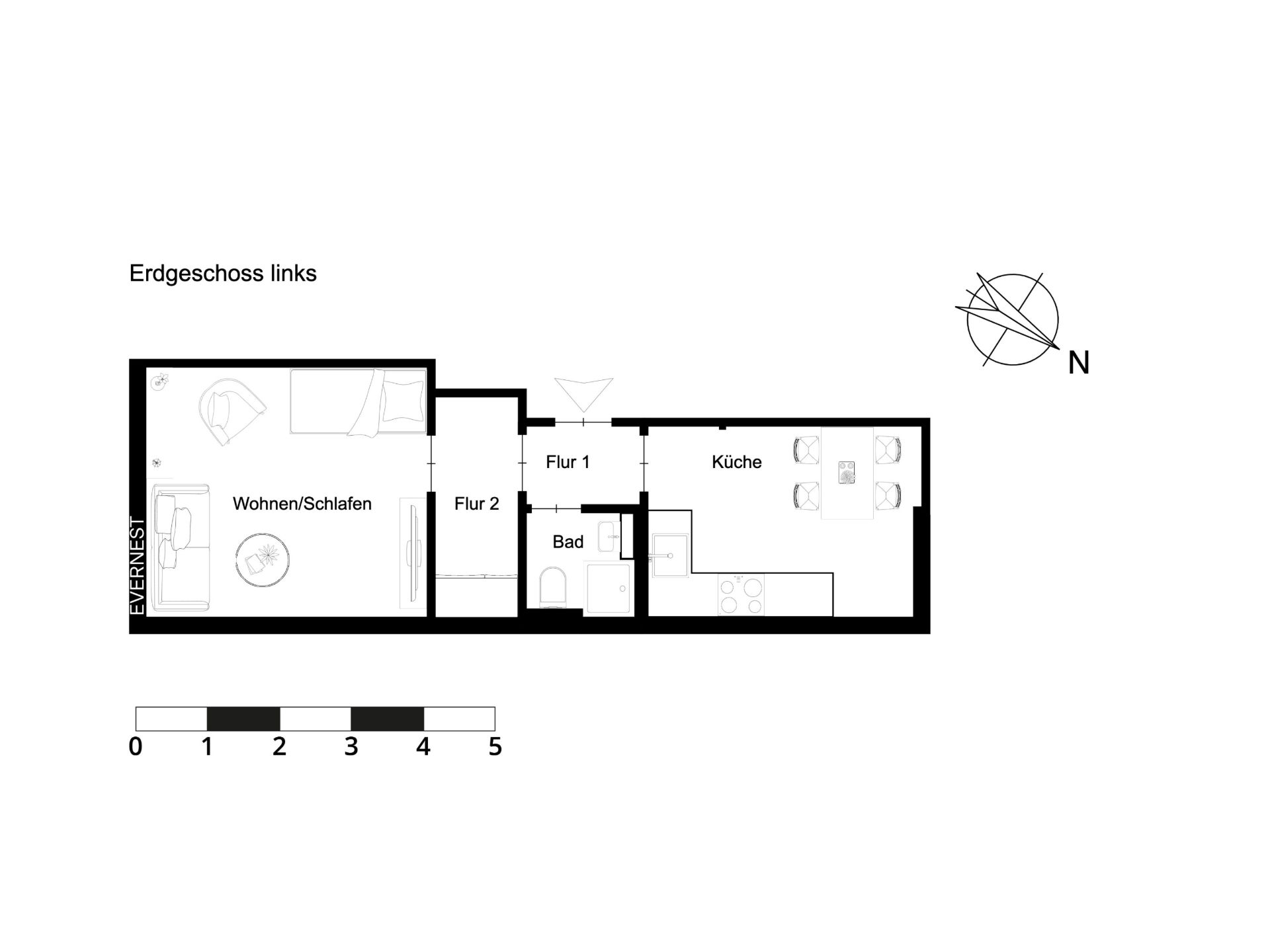 Grundriss einer Wohnung mit Wohn-/Schlafraum, Küche, Bad und Flur.