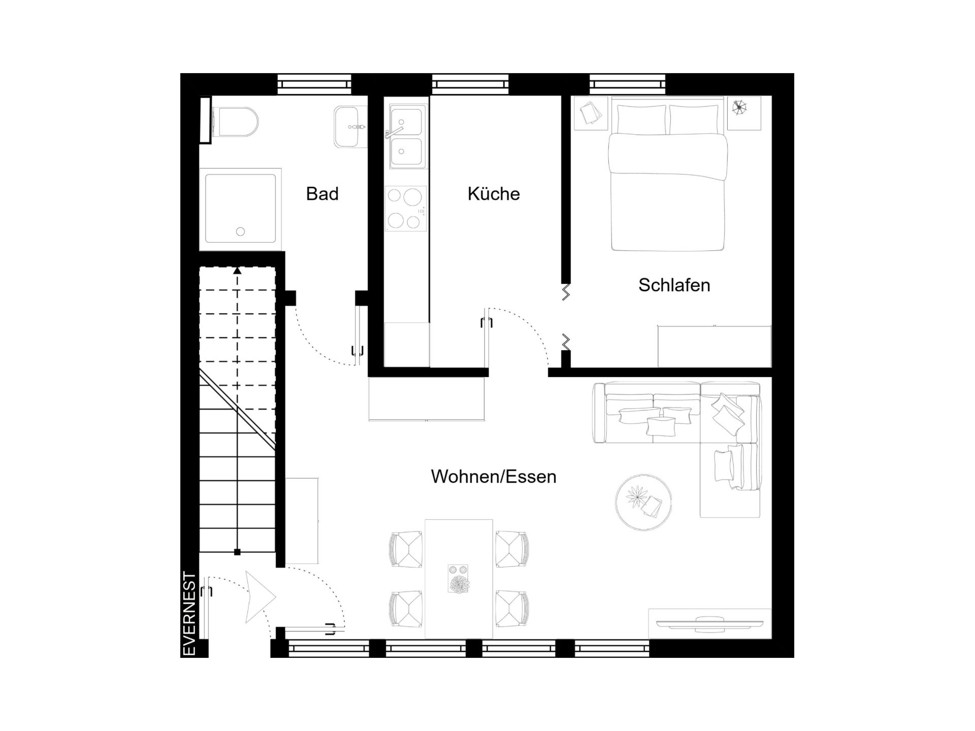 Grundriss einer Wohnung mit Bad, Küche, Schlafzimmer und Wohn-/Essbereich.