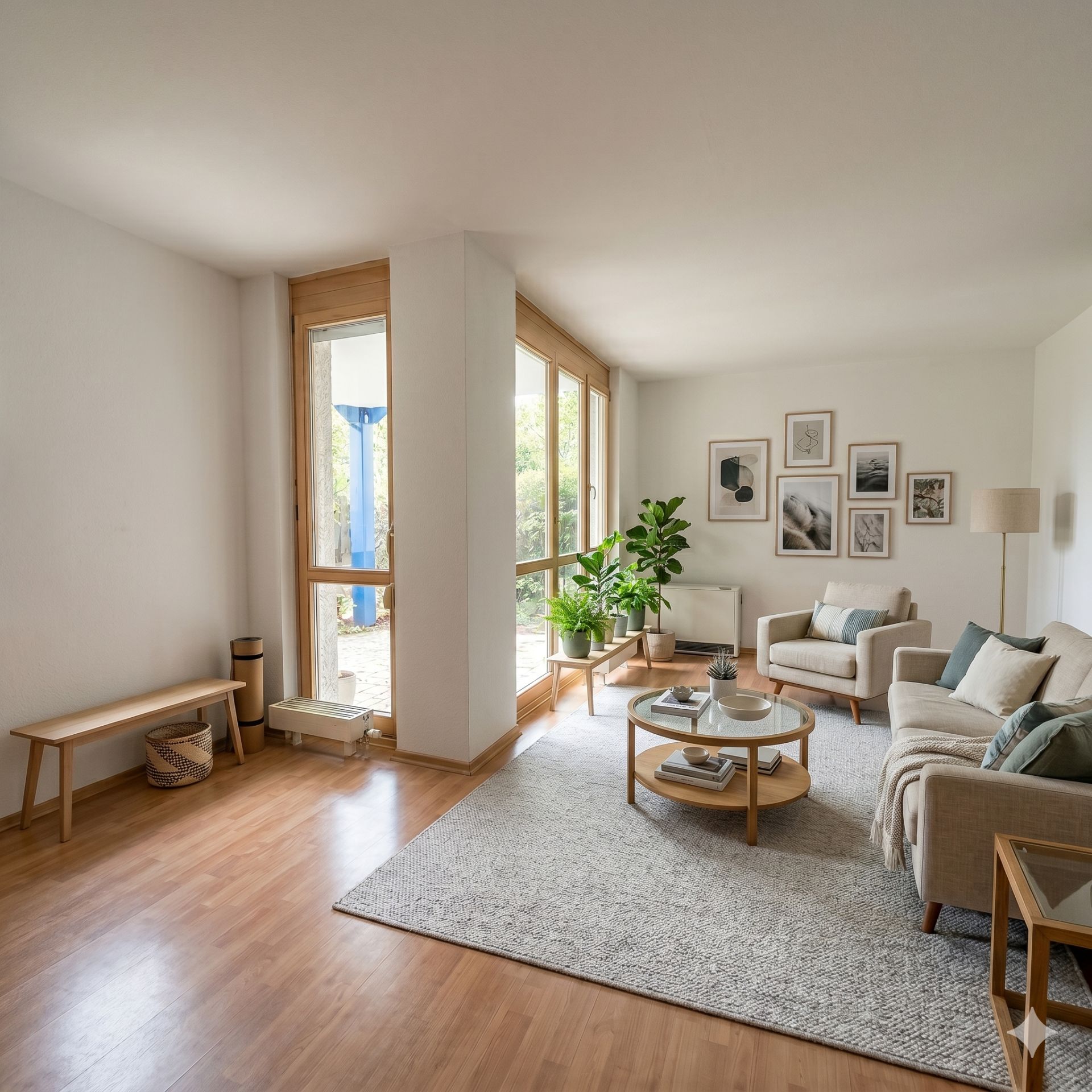 Helles Wohnzimmer mit Sofa, Sessel, Couchtisch, Teppich, Pflanzen und großen Fenstern.