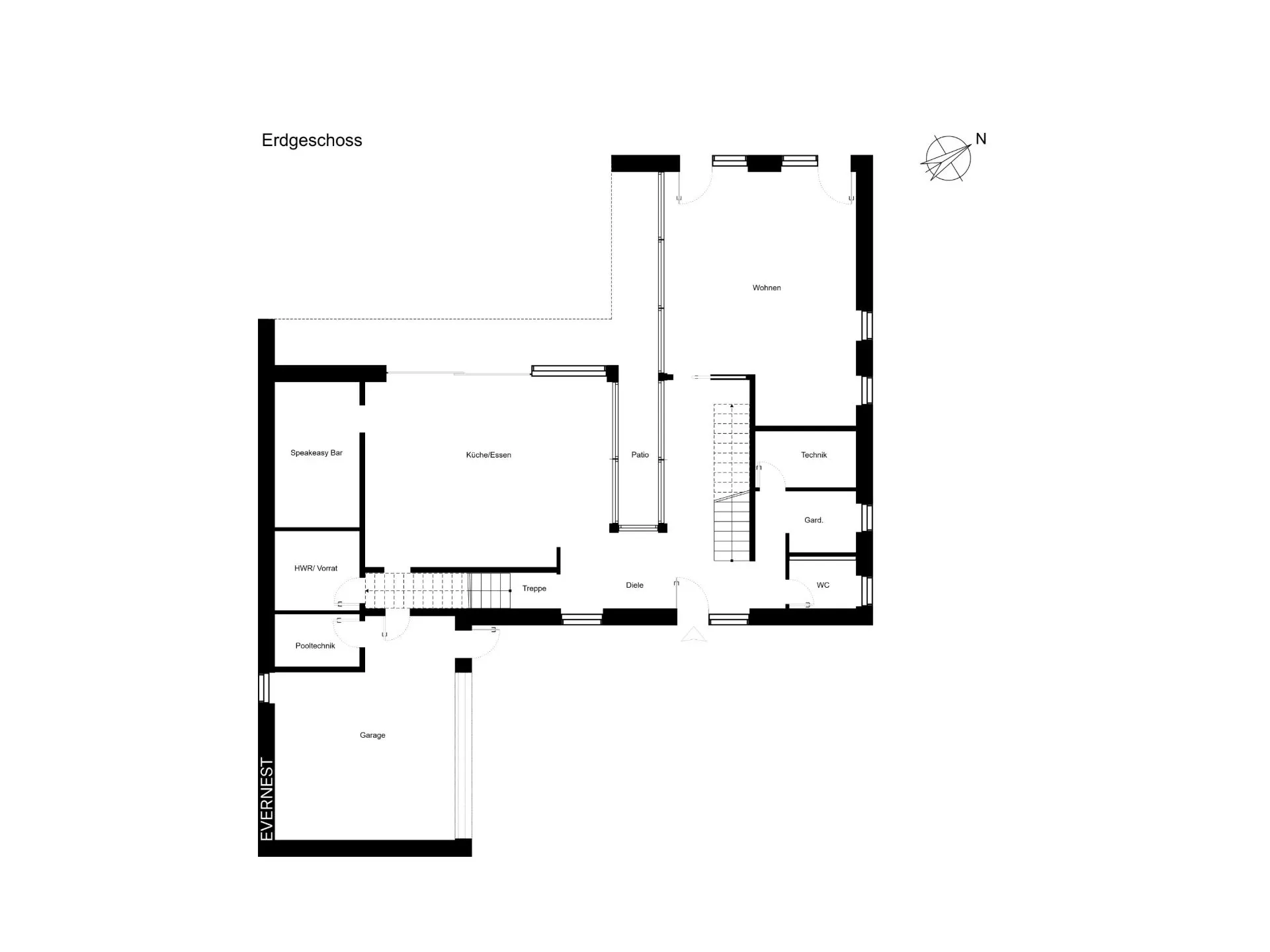 Grundriss des Erdgeschosses mit Garage, Küche, Wohnzimmer und mehreren Räumen.