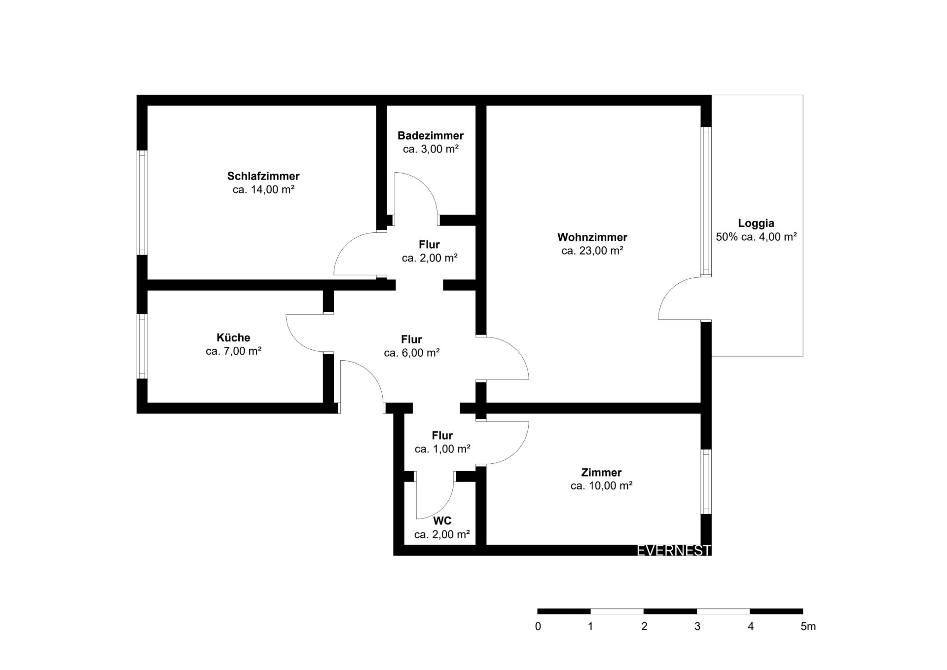 Grundriss einer Wohnung mit Schlafzimmer, Wohnzimmer, Küche, Bad, WC, Zimmer, Loggia und Fluren.