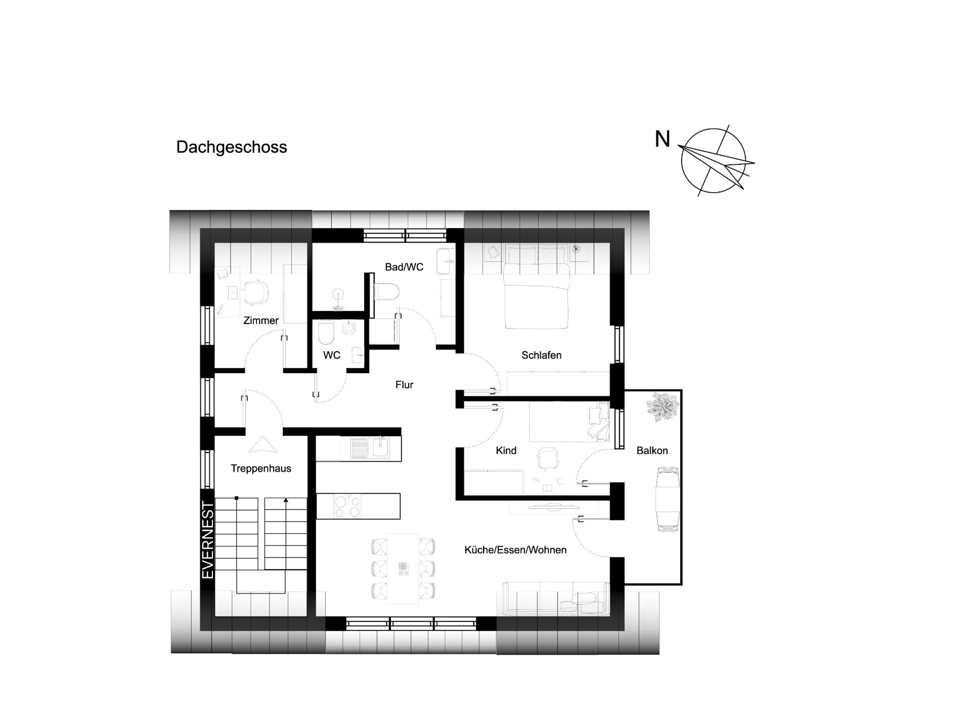 Grundriss eines Dachgeschosses mit Zimmern, Bad, WC, Küche, Flur und Balkon.