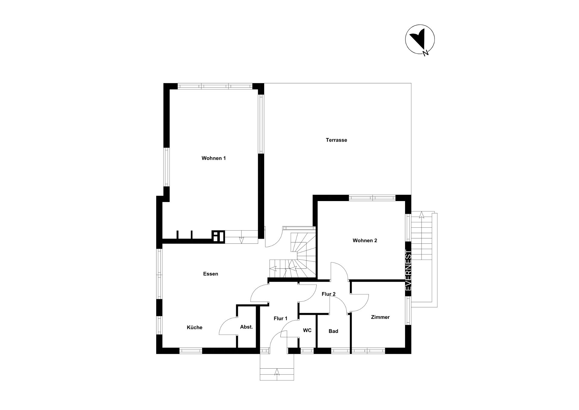 Grundriss mit Wohnzimmer, Essbereich, Küche, Bad, Zimmer, Terrasse und Fluren.