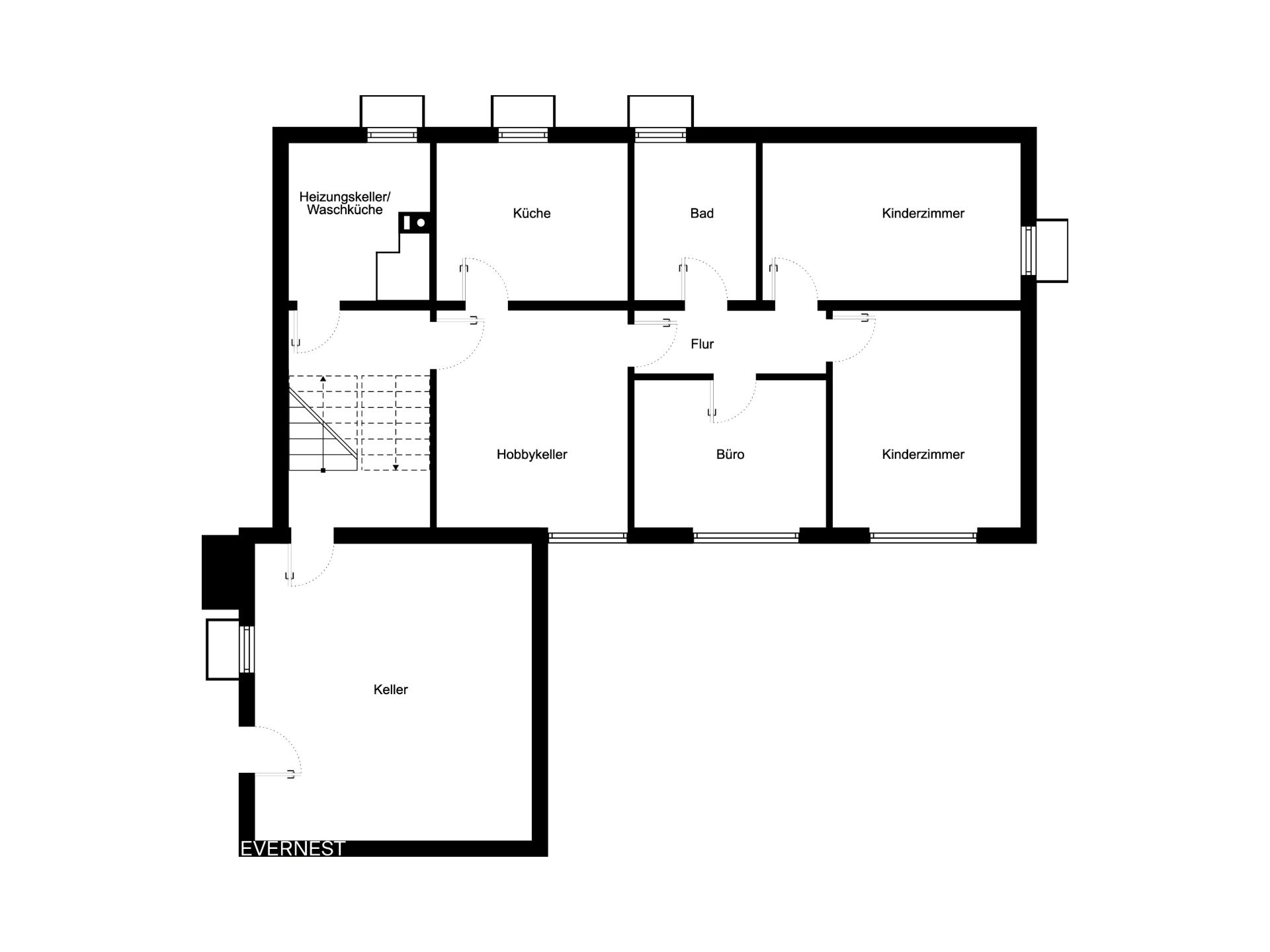 Grundriss mit Küche, Bad, Büro, Hobbykeller, Heizungsraum, Keller und zwei Kinderzimmern.