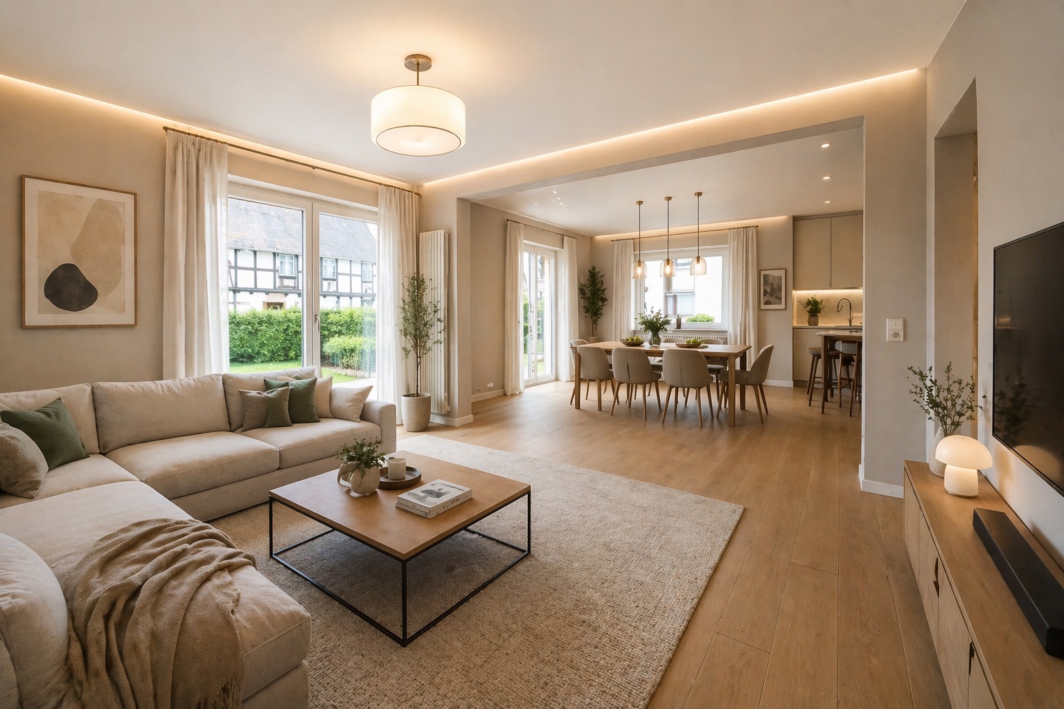 Helles Wohnzimmer mit Sofa, Teppich, Couchtisch und Essbereich, große Fenster mit Blick ins Grüne.