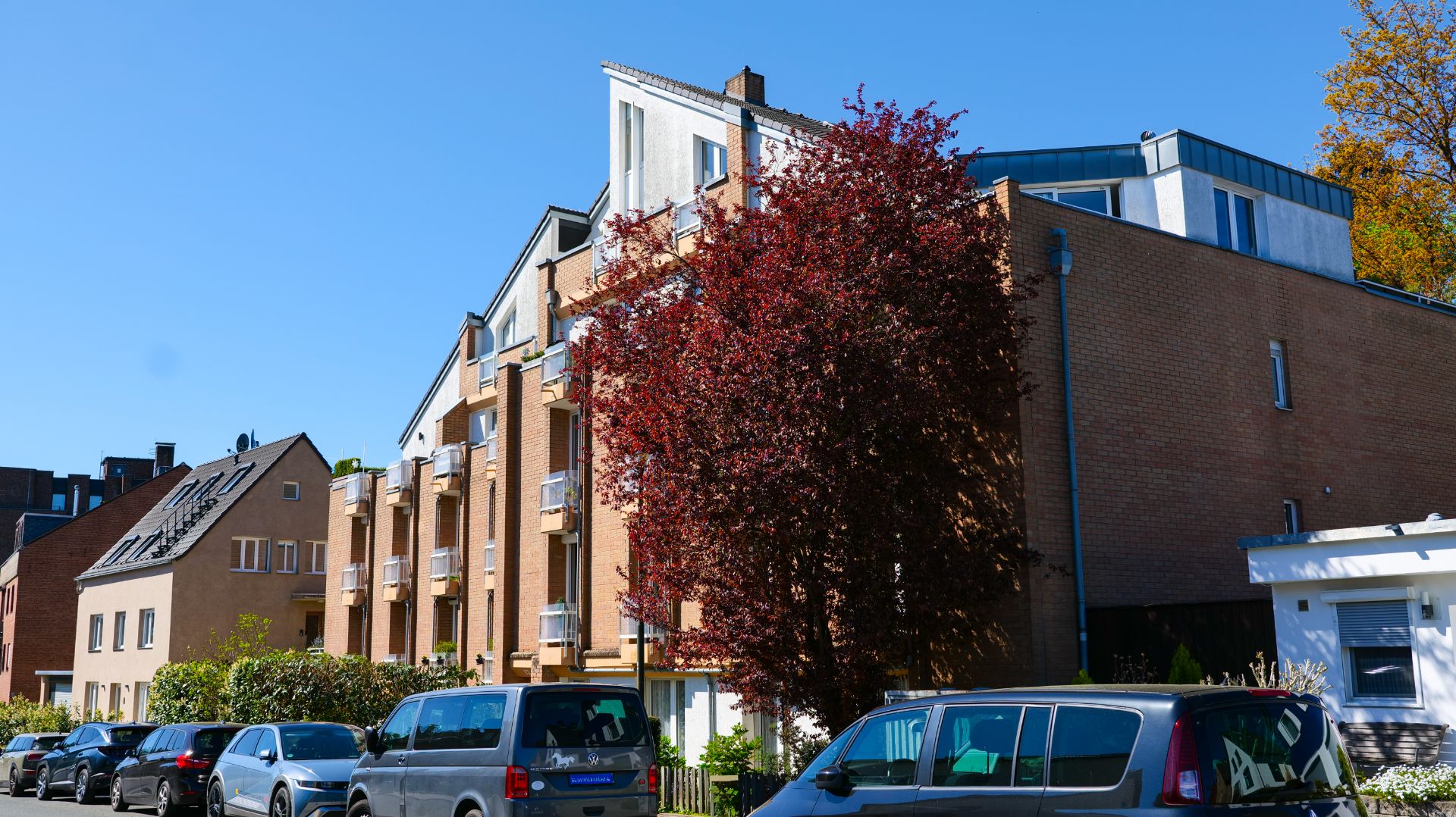 Mehrfamilienhaus mit Balkonen und geparkten Autos an der Straße, großes rotes Baum im Vordergrund.