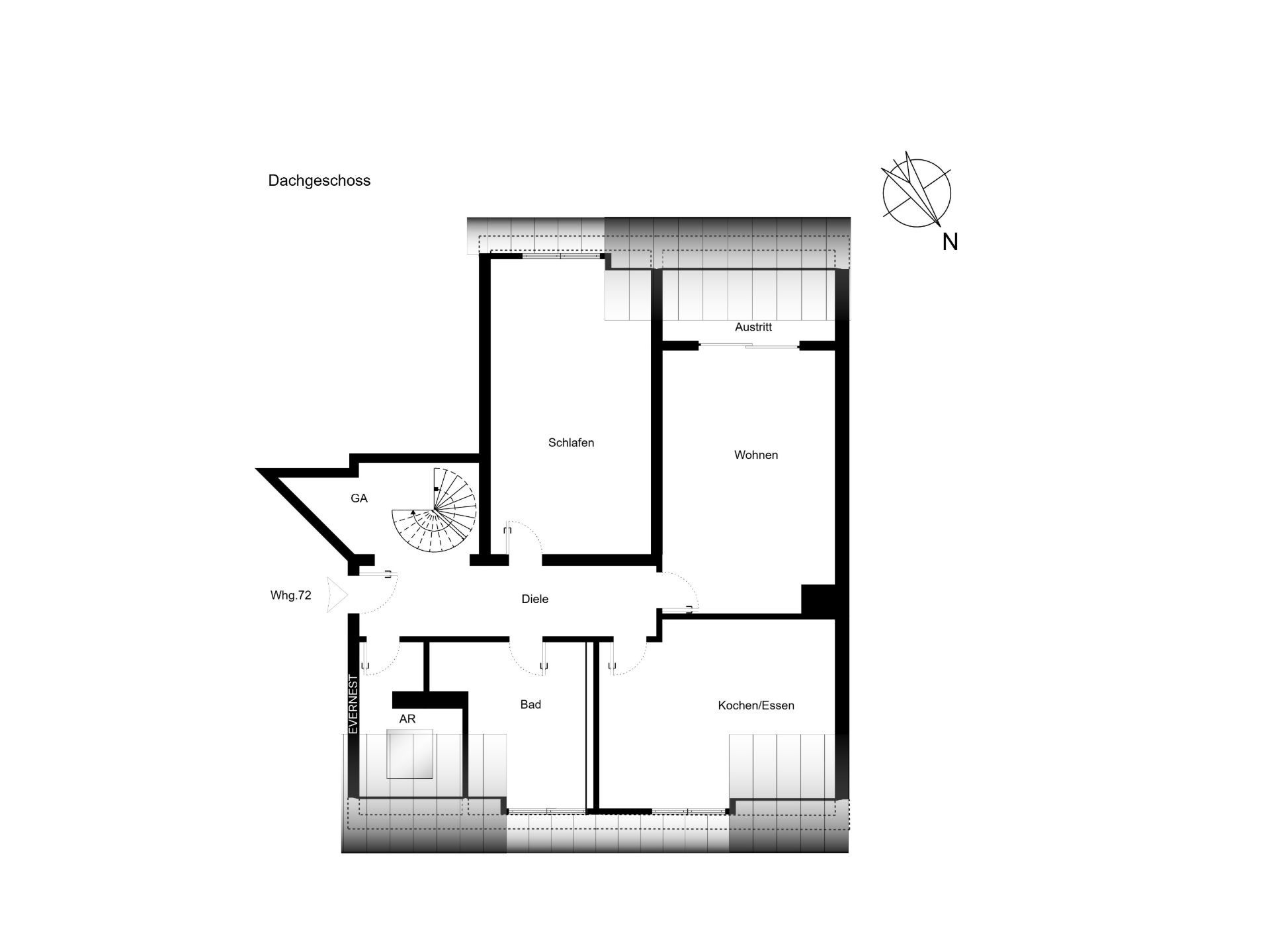 Grundriss einer Wohnung mit Schlafzimmer, Wohnzimmer, Bad und Küche im Dachgeschoss.