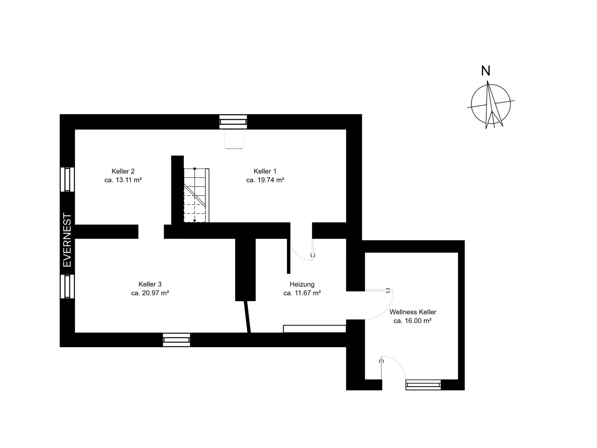 Grundriss eines Kellers mit drei Kellerräumen, Heizungsraum und Wellnessraum.