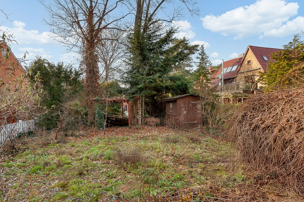 Garten mit Bäumen, Sträuchern und einem kleinen Holzschuppen im Hintergrund.