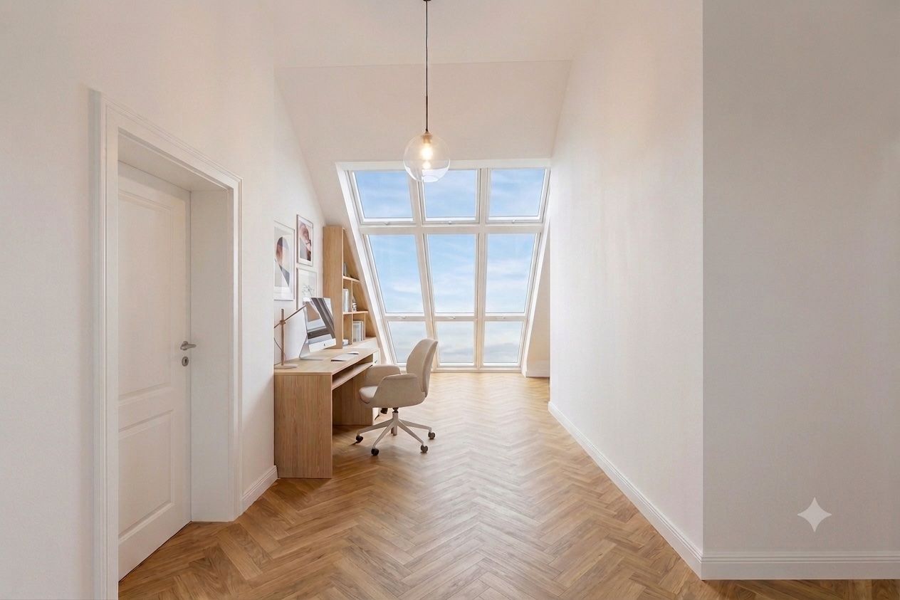 Helles Arbeitszimmer mit großem Fenster, Schreibtisch, Stuhl und Holzfußboden.