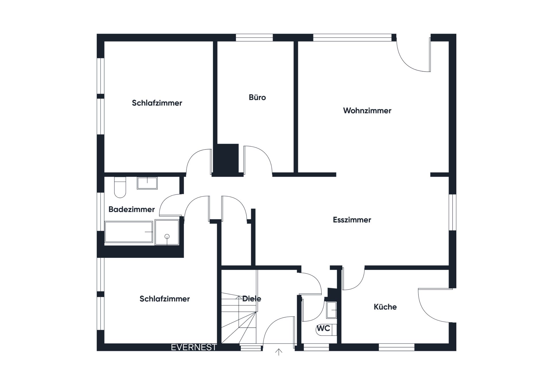 Grundriss einer Wohnung mit zwei Schlafzimmern, Büro, Wohnzimmer, Bad, WC, Küche und Esszimmer.